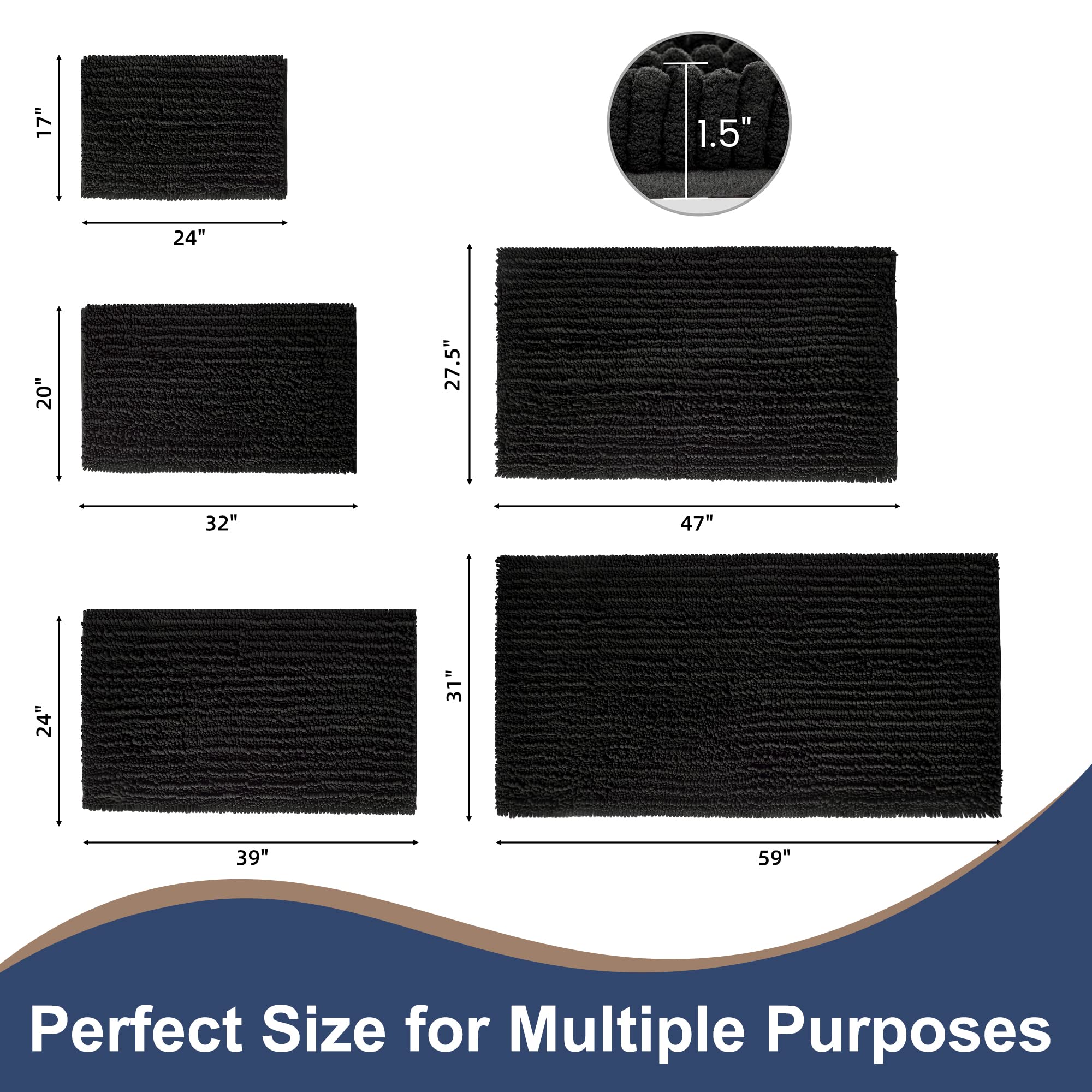 FLOLEOPA Soft Plush Microfiber Bathroom Rugs - Super Absorbent Non-Slip Machine Washable Bath Mats for Tub, Shower & Bathroom Floor (24x39 Inches, Black) - Perfect for Cozy Bathroom Decor & Safe Foot Comfort