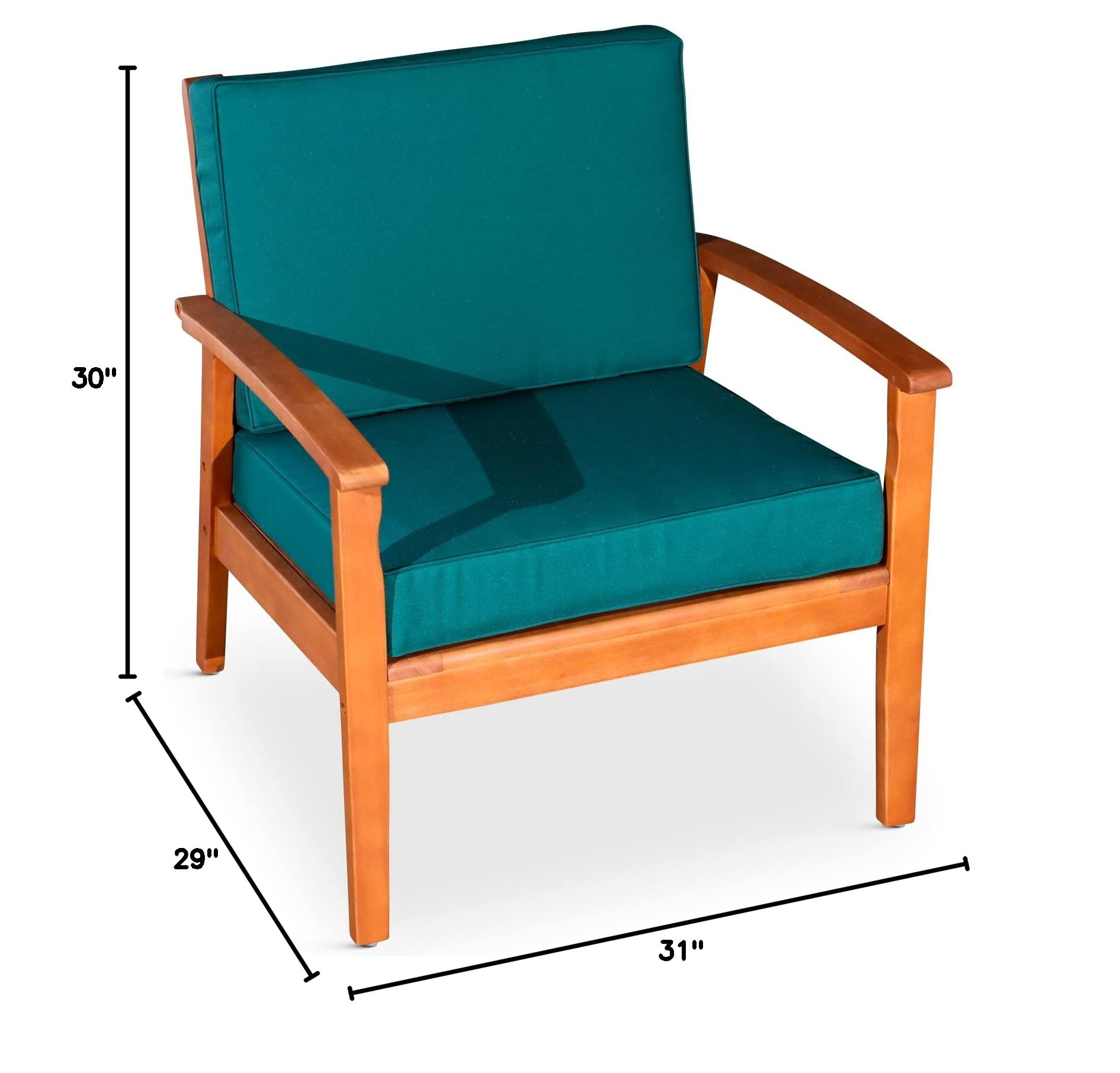 DTY Outdoor Living Longs Peak Deep Seat Eucalyptus Patio Chair - Natural Oil Finish, Dark Green Cushions for Garden, Backyard, Poolside & Deck Relaxation