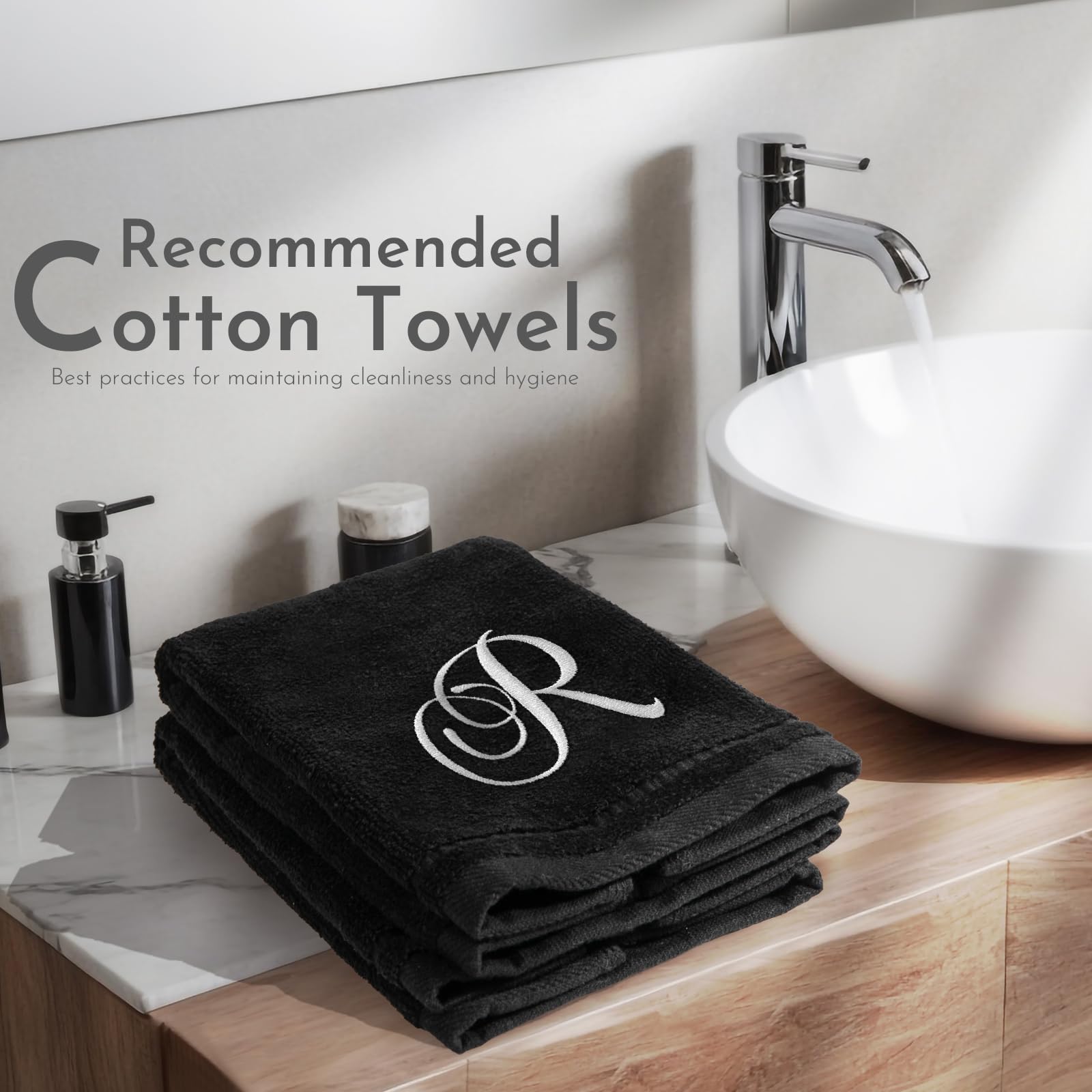 Personalized Monogrammed Hand Towels Set - 100% Cotton Embroidered Bathroom Towels (11x18 Inches) - Black Initial R - Set of 2 - Perfect for Guest Bathrooms, Powder Rooms & Luxury Home Decor