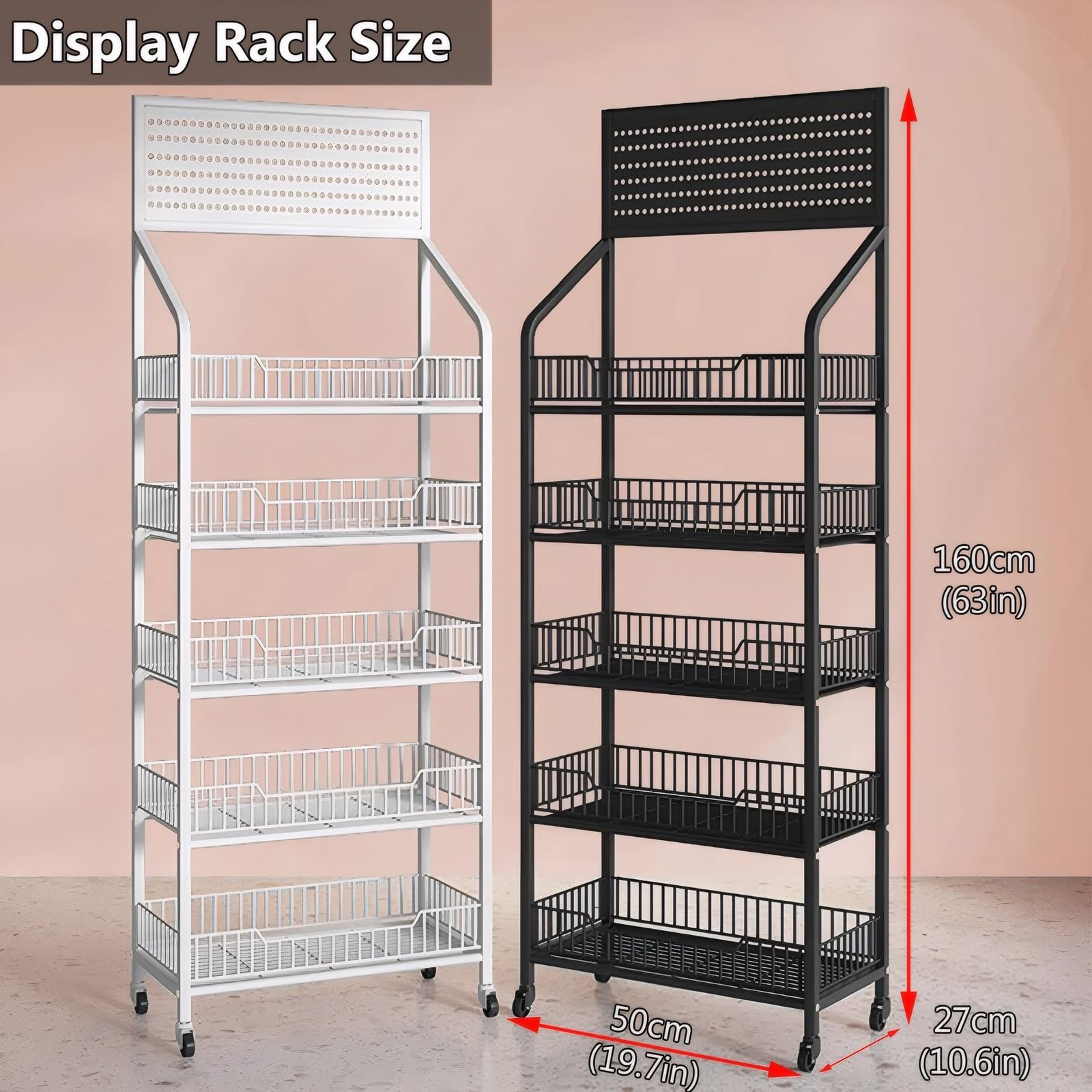 5-Tier Metal Retail Display Rack with Wheels - Heavy Duty Storage Shelf for Snacks, Fruits, Tools - Easy Assembly 19.7