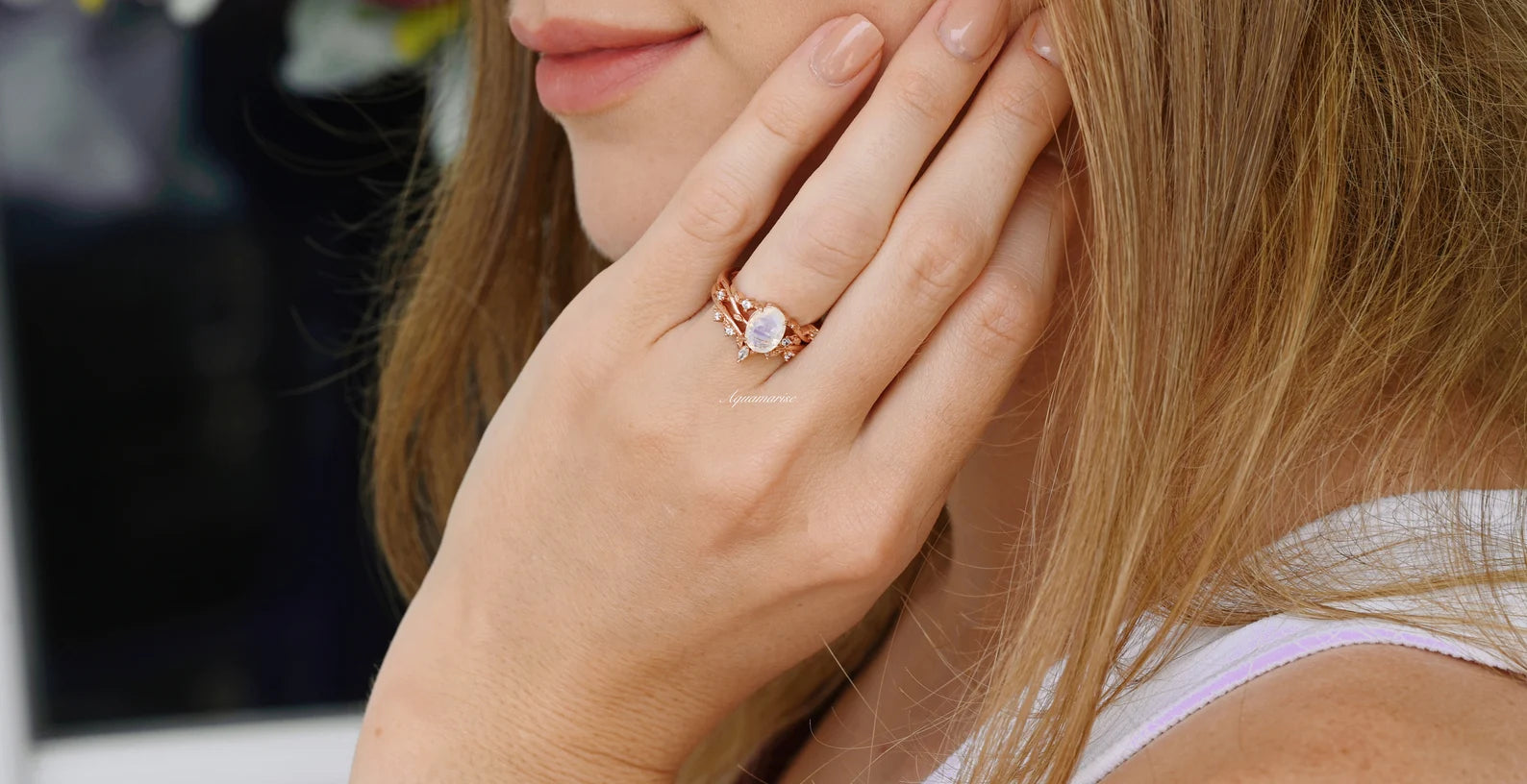 Natural Moonstone Fairy Engagement Ring Set - 14K Rose Gold Vermeil Wedding Band for Women, Perfect for Proposals, Anniversaries & Romantic Occasions
