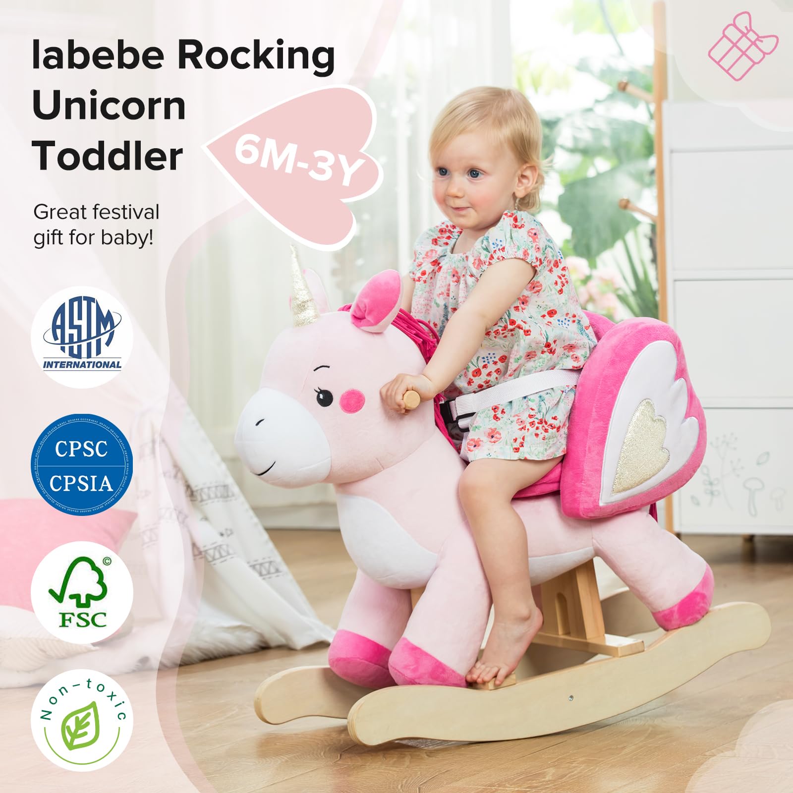 Labebe Baby Rocking Horse - Plush Unicorn Ride-On Toy for Infants 6 Months to 3 Years | Soft Animal Rocker for Toddlers (Pink) | Perfect for Playtime, Nursery Decor & First Birthday Gifts