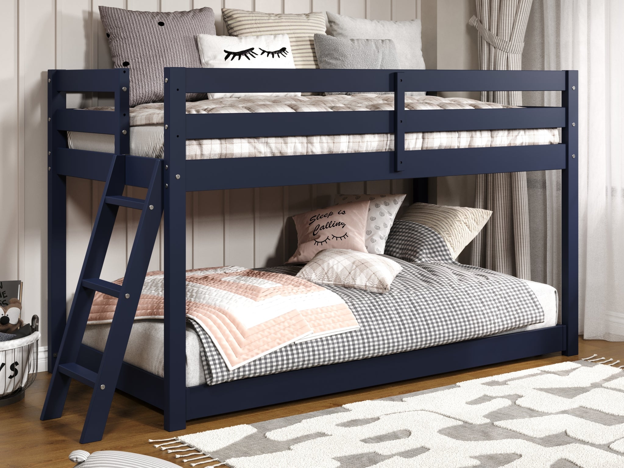 Bedz King Twin over Twin Low Bunk Bed with Ladder - Space-Saving Blue Bunk Bed for Kids & Teens - Perfect for Small Bedrooms, Dorms & Shared Kids Rooms