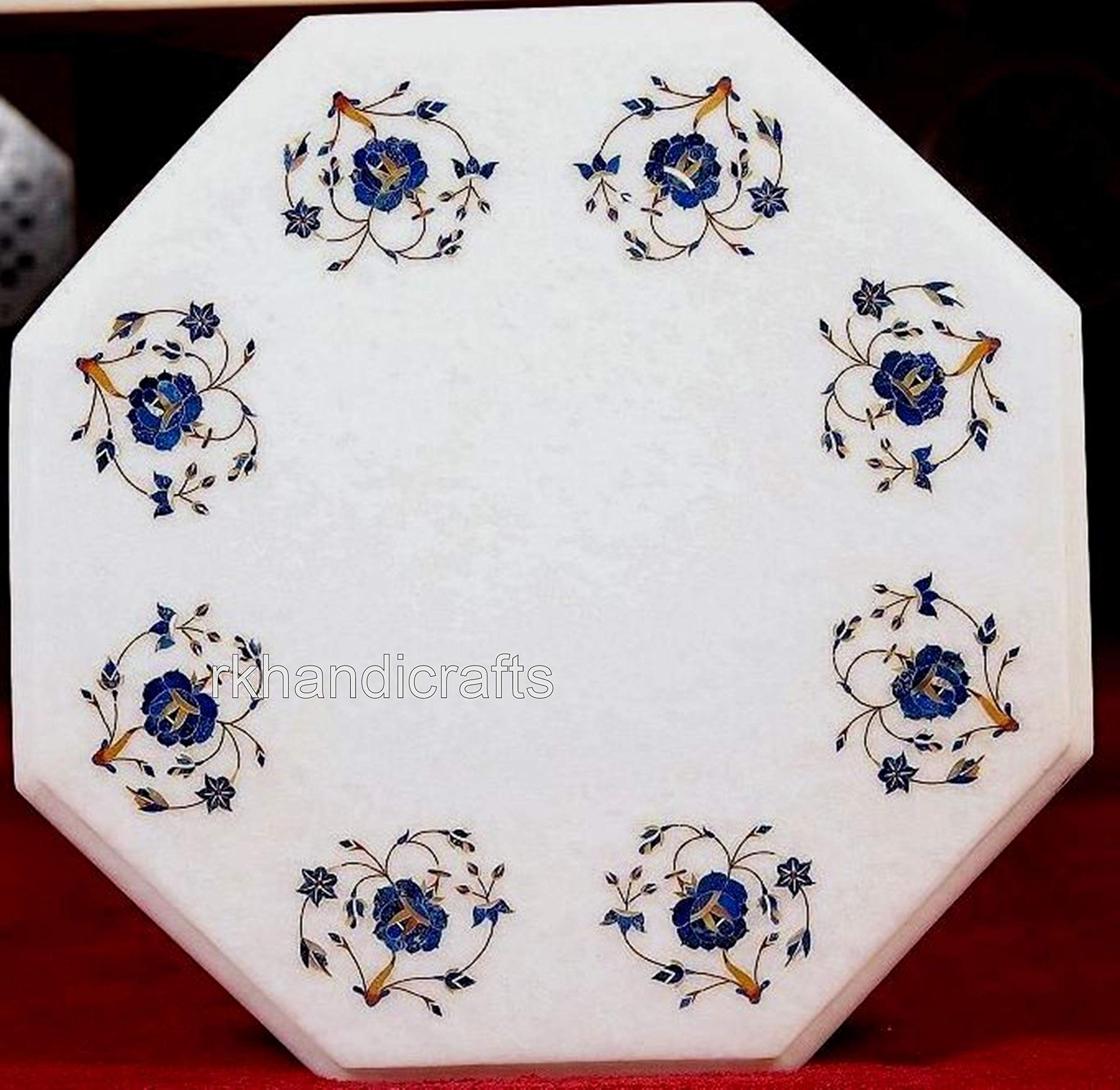 12 Inches Floral Lapis Lazuli Stone Inlaid Coffee Table Top - Handcrafted End Table for Living Room, Bedroom Decor - Perfect for Boho, Vintage & Modern Home Styling