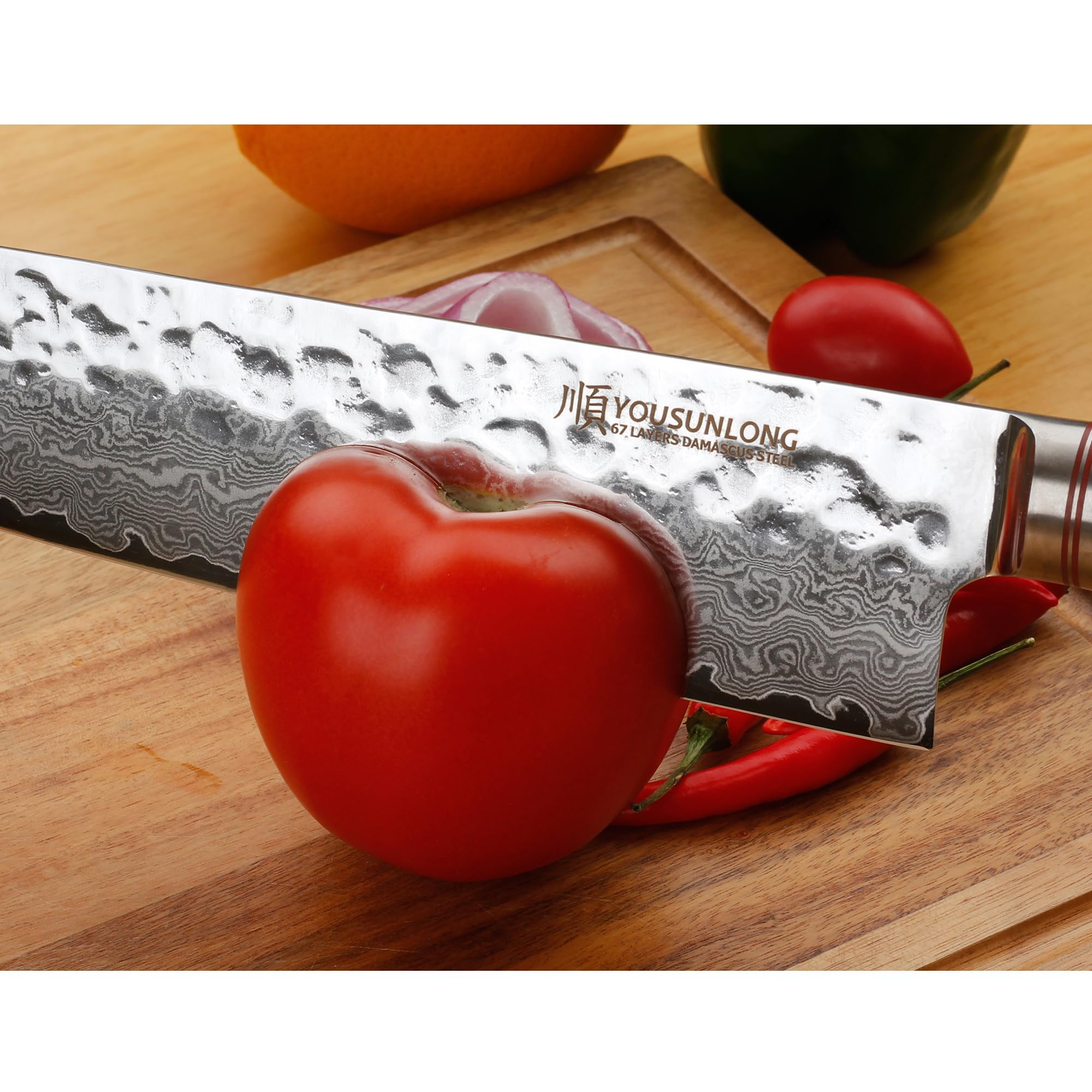 YOUSUNLONG 12-inch Professional Japanese Damascus Steel Gyuto Chef Knife - Razor Sharp Kitchen Knife with Hammered Finish & Ebony Wood Handle - Includes Leather Sheath - Perfect for Slicing, Dicing, and Precision Cooking
