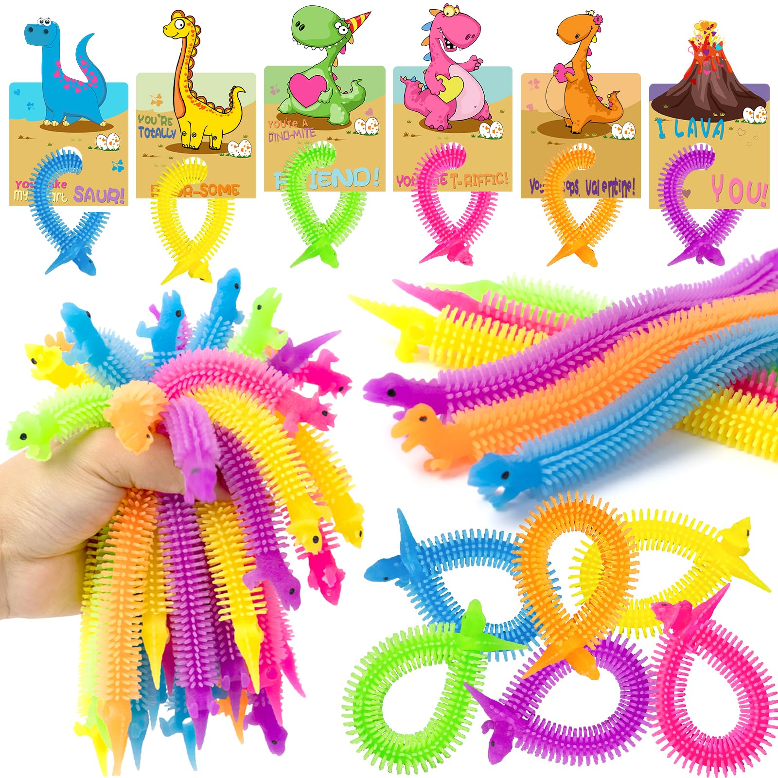 24 Pack Glow in The Dark Dinosaur Stretchy String Toys - Valentine's Day Classroom Exchange Gifts for Kids, Toddlers, Boys & Girls | Fun Party Favors & School Celebration Treats