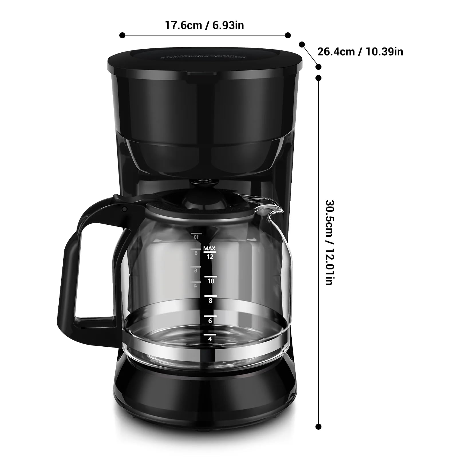 12 Cup Drip Coffee Maker with Auto Shut-Off & Temperature Control - 1.8L Black Coffee Machine for Home, Office, or Restaurant Use