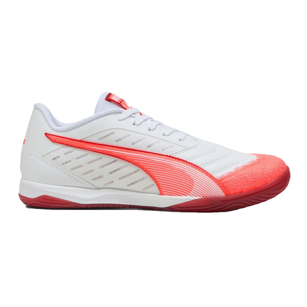 Puma Ibero IV IN Football Cleats for Men - White/Glowing Red/Dark Crimson Soccer Shoes | Lightweight & Durable for Turf & Artificial Grass Fields