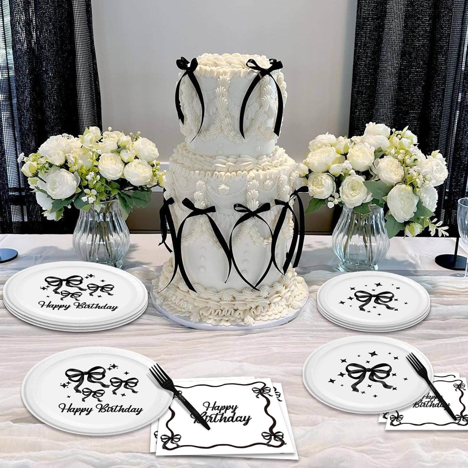 96Pcs Black Bow Birthday Party Supplies Set - Includes Napkins, Plates & Forks - Elegant Black Bow Themed Tableware for Girls Birthday Party Decorations | Perfect for Birthday Celebrations, Baby Showers & Themed Events