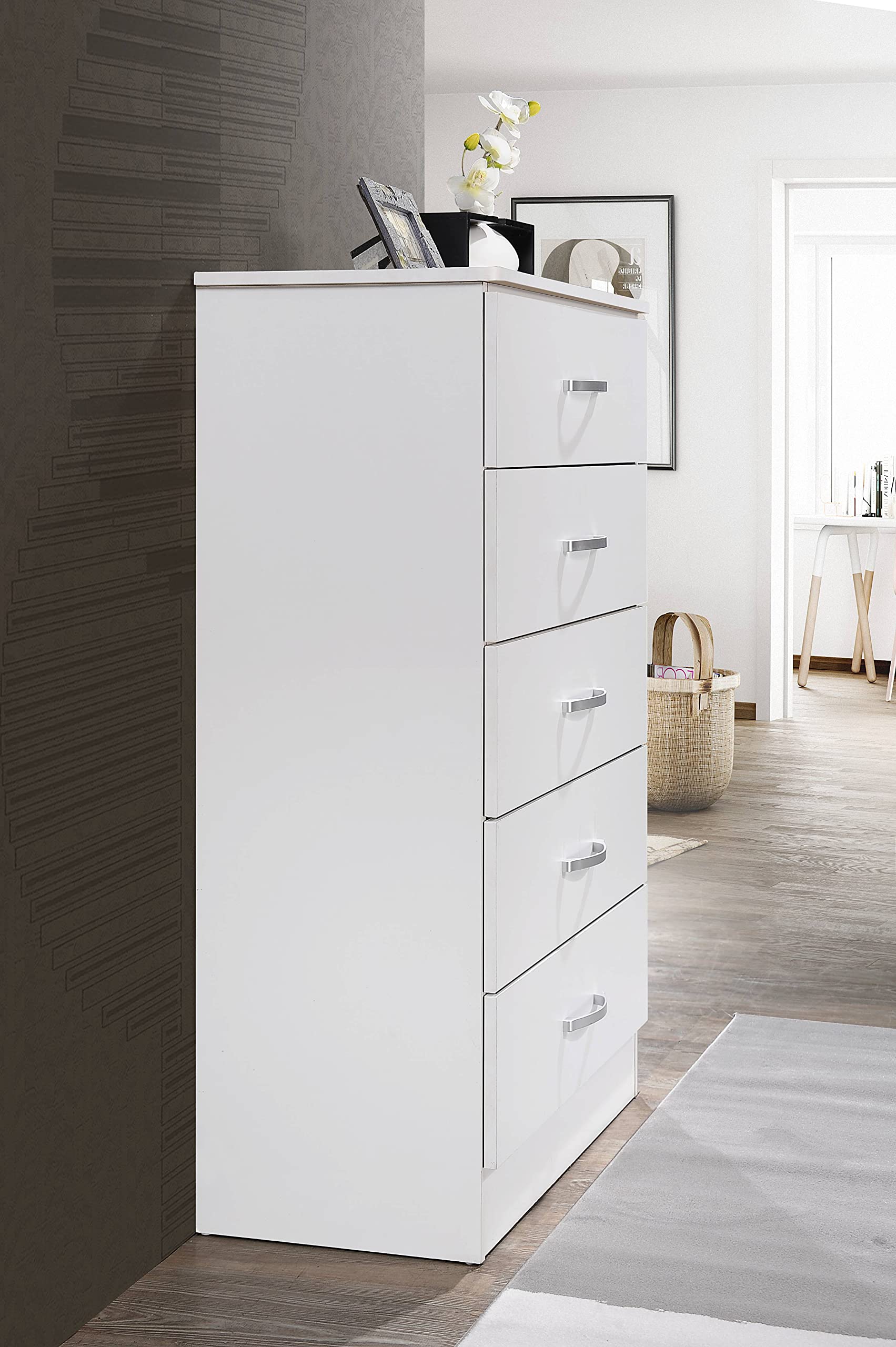 HODEDAH 5-Drawer Wooden Dresser for Bedroom - Sturdy Chest of Drawers with Metal Support Rails - White Storage Furniture for Clothes, Bedding & Home Organization