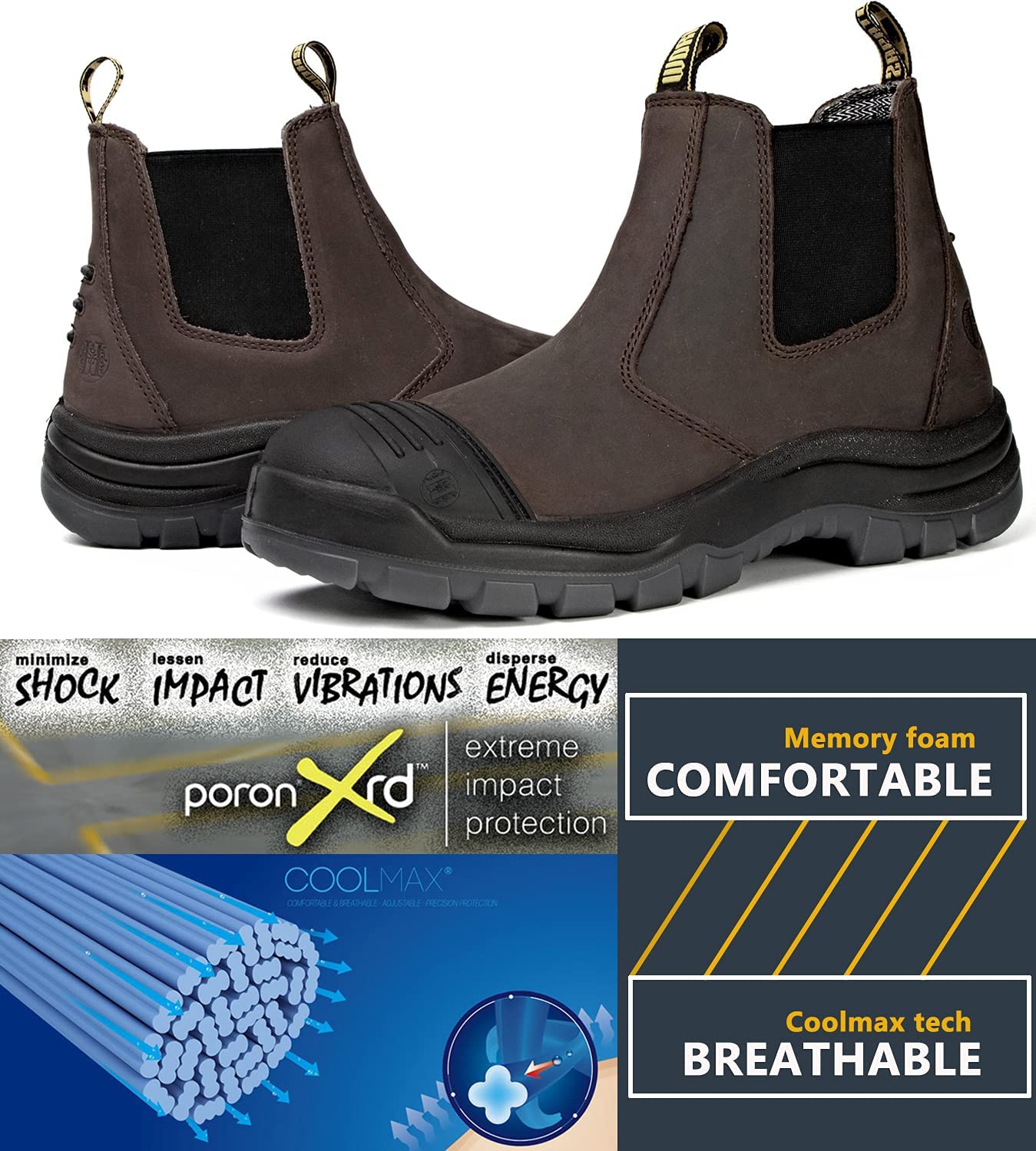 **Men's Steel/Soft Toe Waterproof Work Boots - Slip Resistant, Static Dissipative Safety Shoes for Construction & Outdoor Work (Dark Brown)**    **使用场景:** Ideal for construction workers, electricians, and outdoor laborers needing durable, waterproof, and slip-resistant footwear.
