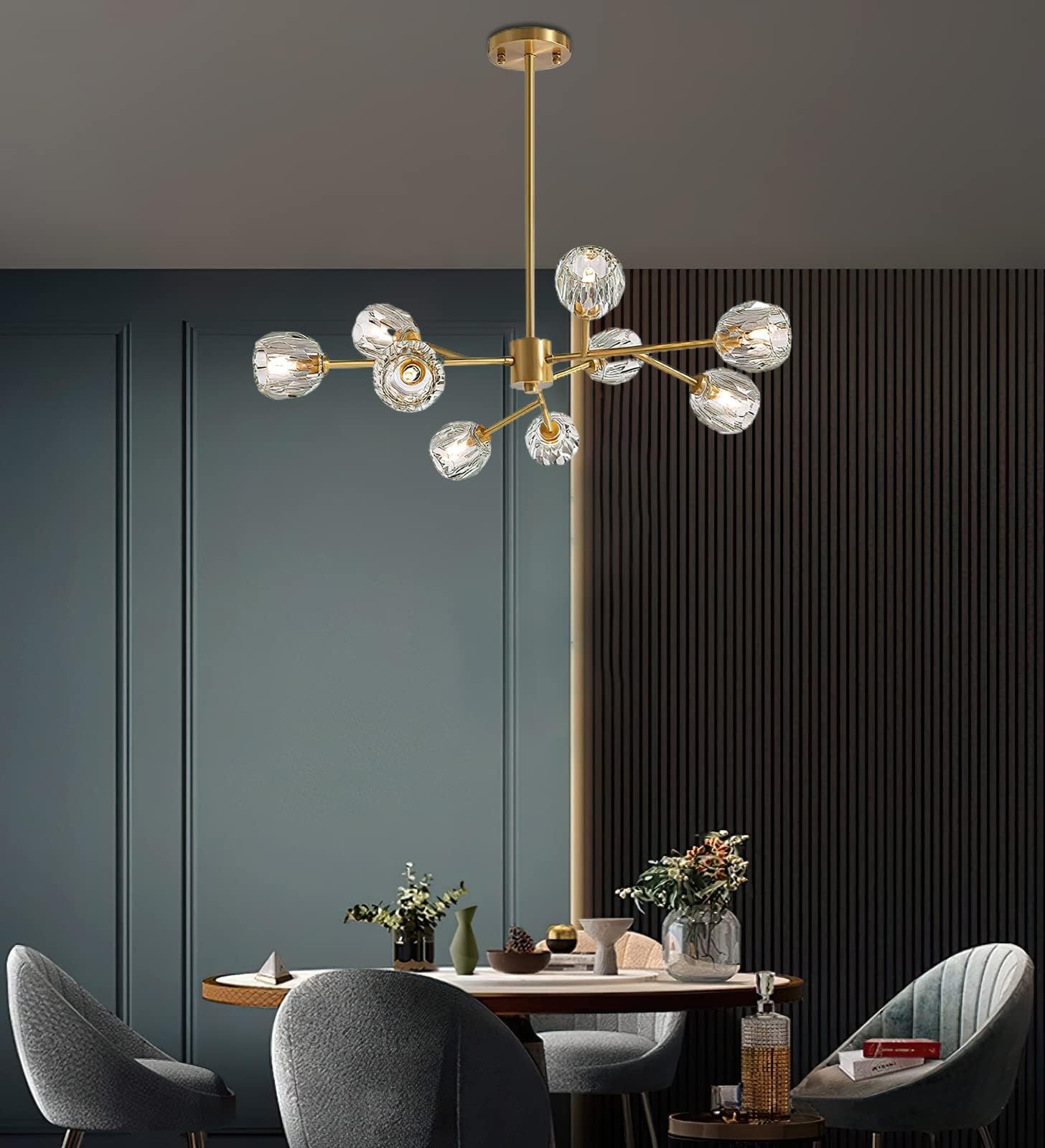 Mid Century Modern Sputnik Chandelier - 9-Light Gold Branch Crystal Pendant Light Fixture for Dining Room, Bedroom & Living Room | Elegant Ceiling Lighting for Home Decor & Special Occasions