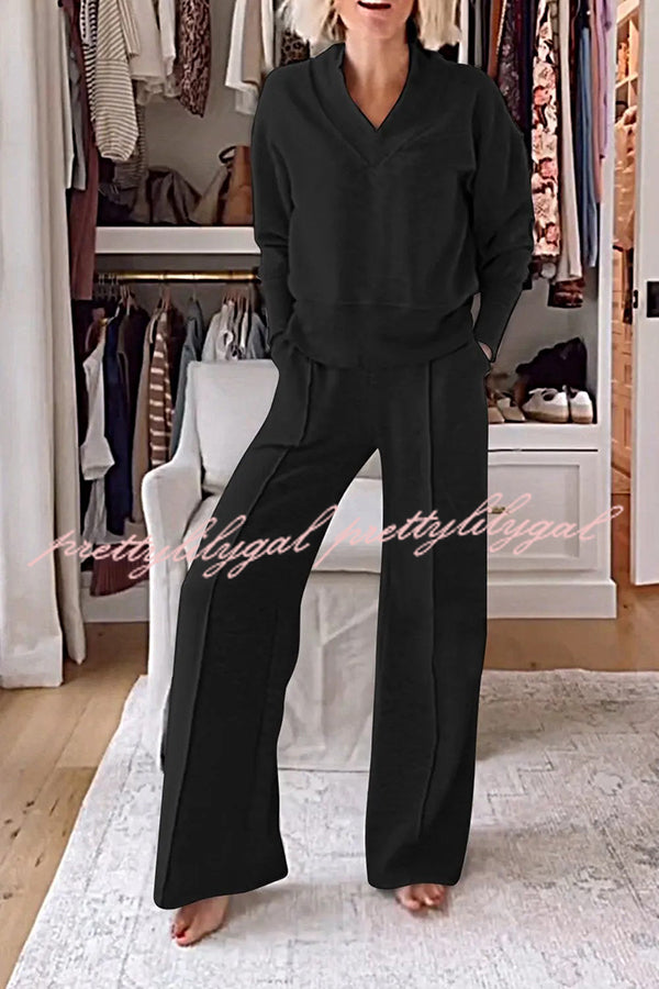 Women's Solid Color V-Neck Top & Elastic Waist Lounge Pants Set with Pockets - Cozy Winter Loungewear for Home, Yoga, and Relaxation