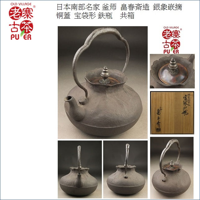 Premium Japanese Nanbu Tetsubin Cast Iron Teapot by Hata Shunsai - Authentic Traditional Treasure Bag Design with Gift Box - Perfect for Tea Ceremonies, Home Decor & Unique Gifts