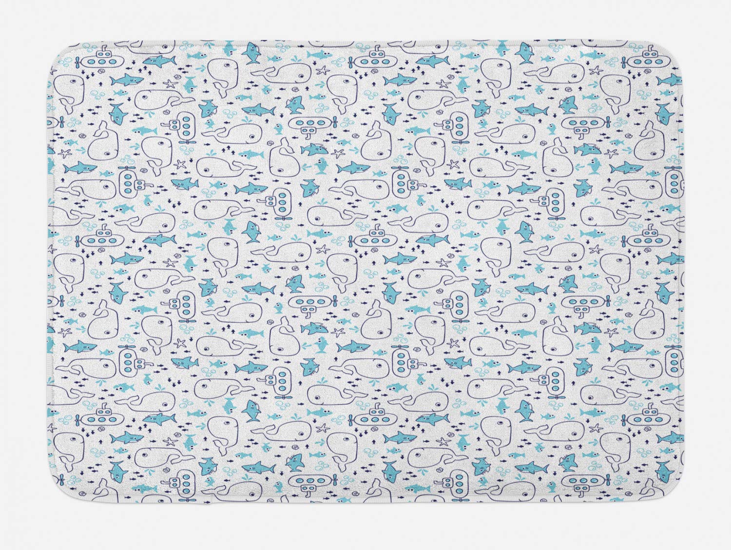 Ambesonne Non-Slip Whales Bath Mat - Soft Plush Bathroom Rug with Marine Theme, Sharks, Fish & Submarines - 30.2