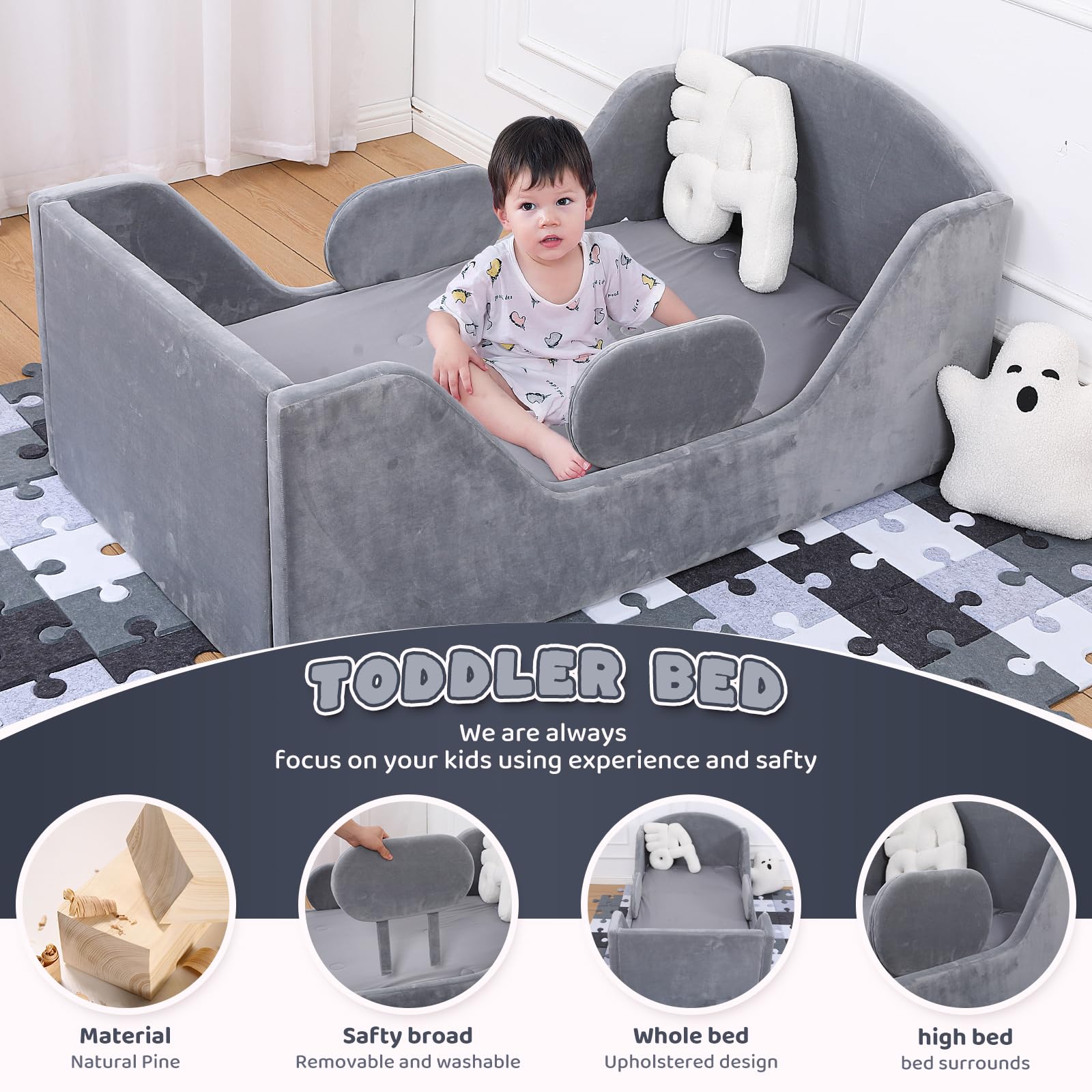 Round Toddler Bed with Safety Rail & Upholstered Headboard - Standard Crib Size Floor Bed for Kids 18 Months to 6 Years (Gray, No Mattress) | Safe Transition Bed for Montessori Room, Daycare or Nursery