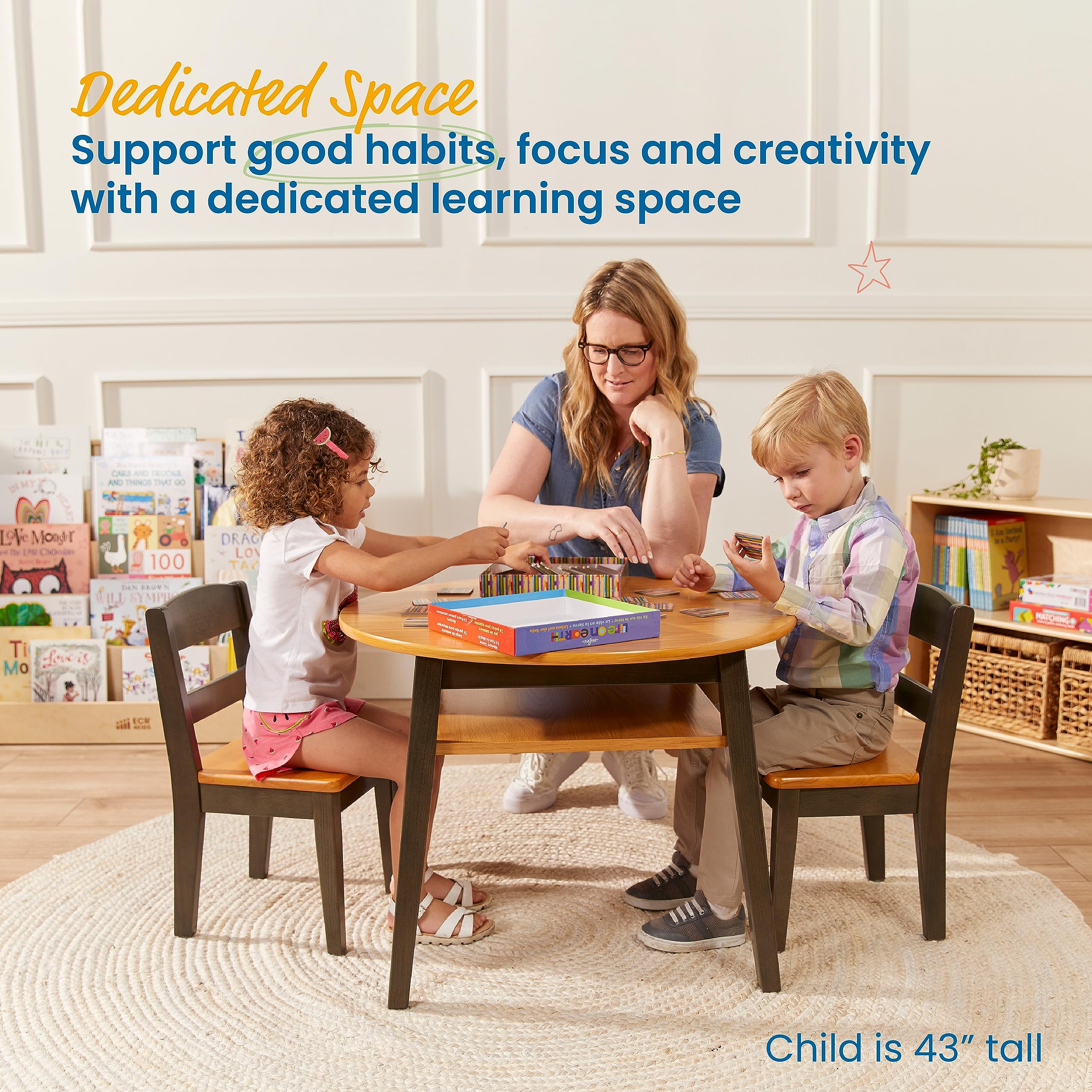 ECR4Kids Hideaway Table and Chair Set - 3-Piece Kids Furniture in Honey/Grey Wash - Perfect for Playrooms, Classrooms & Homeschooling