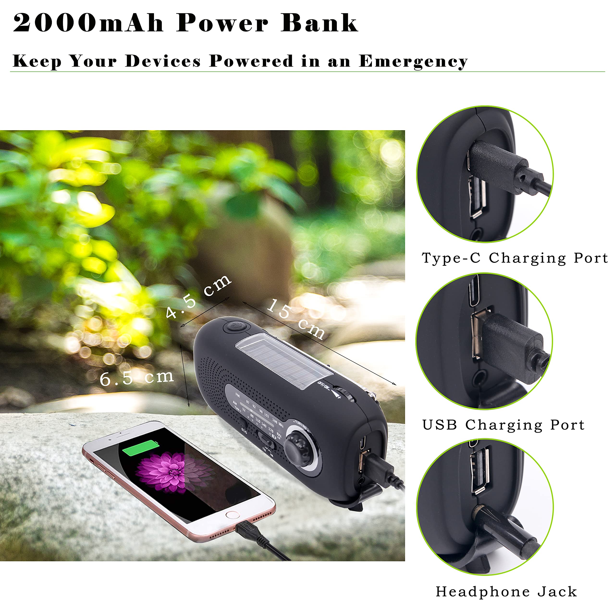 Solar & Hand Crank Emergency Radio - AM/FM/NOAA Weather Radio with 2000mAh Power Bank, LED Flashlight, SOS Alarm, USB Charging & Headphone Jack | Portable Survival Radio for Camping, Hiking, Power Outages & Emergency Preparedness
