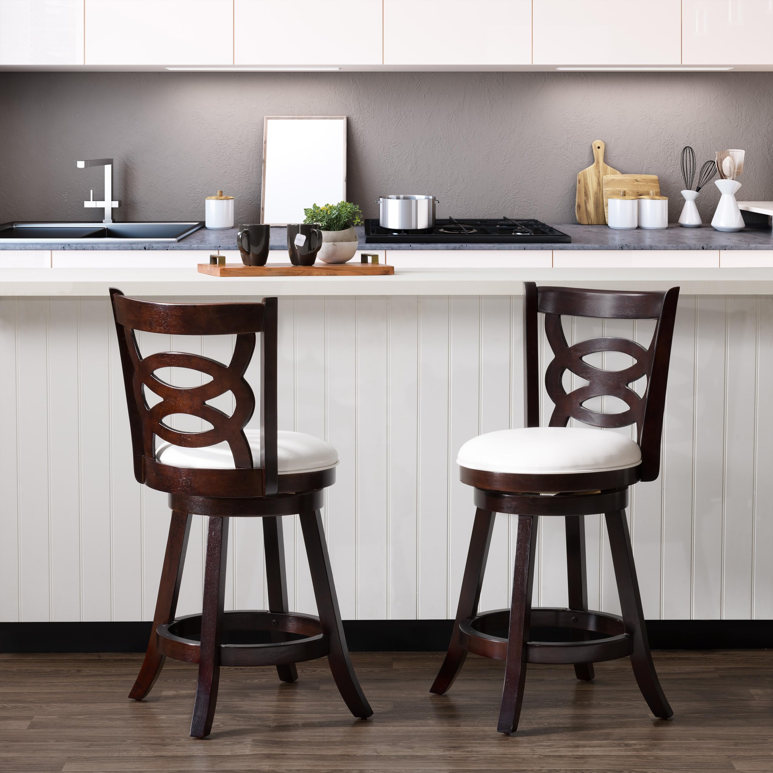 CorLiving Wren Dark Brown Swivel Bar Stool Set of 2 - High Back Counter Height Bar Stools with White Faux Leather Seat - Wooden Barstools for Kitchen Island, Breakfast Bar, Dining Counter & Home Pub - Perfect for Entertaining & Casual Dining