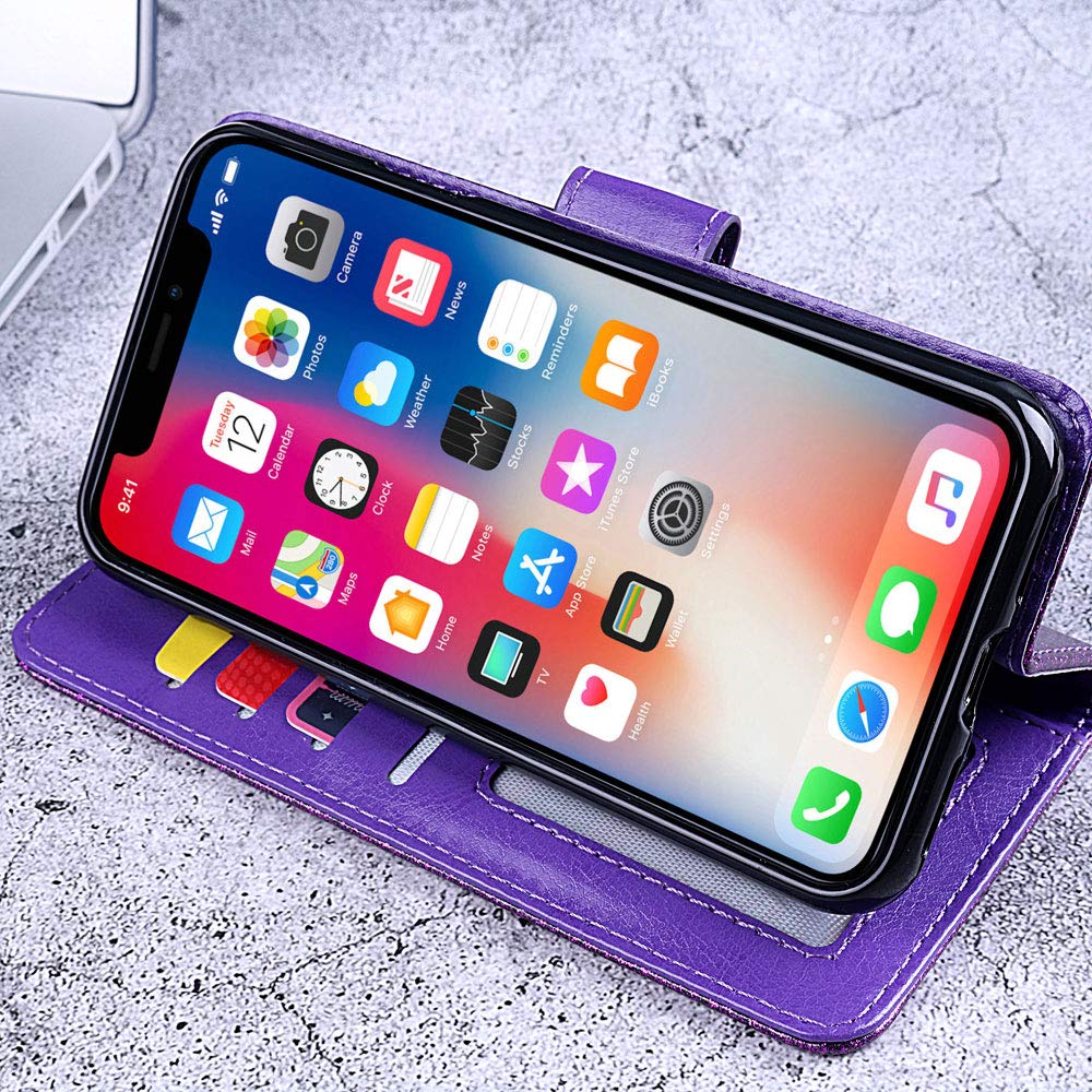 ASUWISH Samsung Galaxy S6 Edge Case with Tempered Glass Screen Protector - Wallet Phone Cover with Card Holder & Kickstand | Glitter Purple Protective Case for Galaxy S6 Edge/6S/6/6 Edge | Perfect for Daily Use, Travel & Hands-Free Viewing