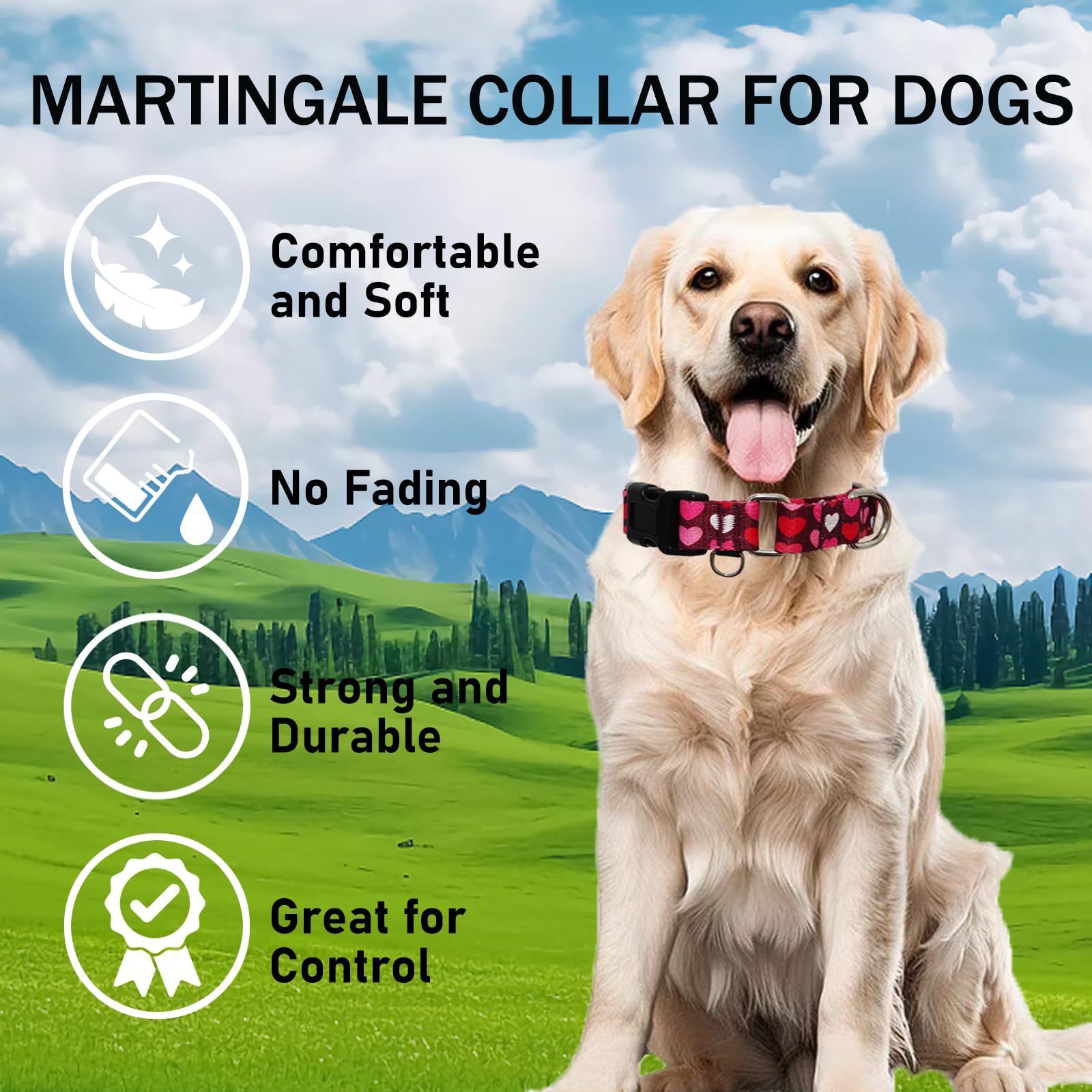 Valentine's Day Pink Martingale Dog Collar with Adjustable Buckle - Heart Design Burgundy Love Large Pet Collar for Training, Walks & Special Occasions