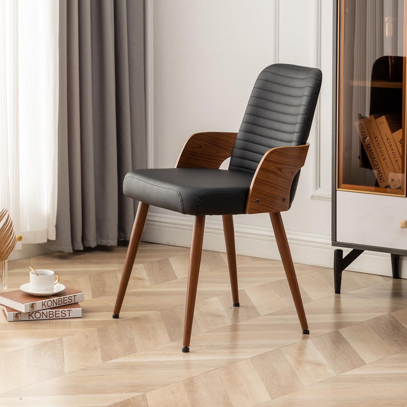 Mid Century Modern Dining Chairs Set of 2 - Upholstered Faux Leather Kitchen Chairs with Metal Legs - Armless Wooden Accent Chairs for Dining Room, Living Room & Office - Black | Perfect for Small Spaces & Contemporary Home Decor