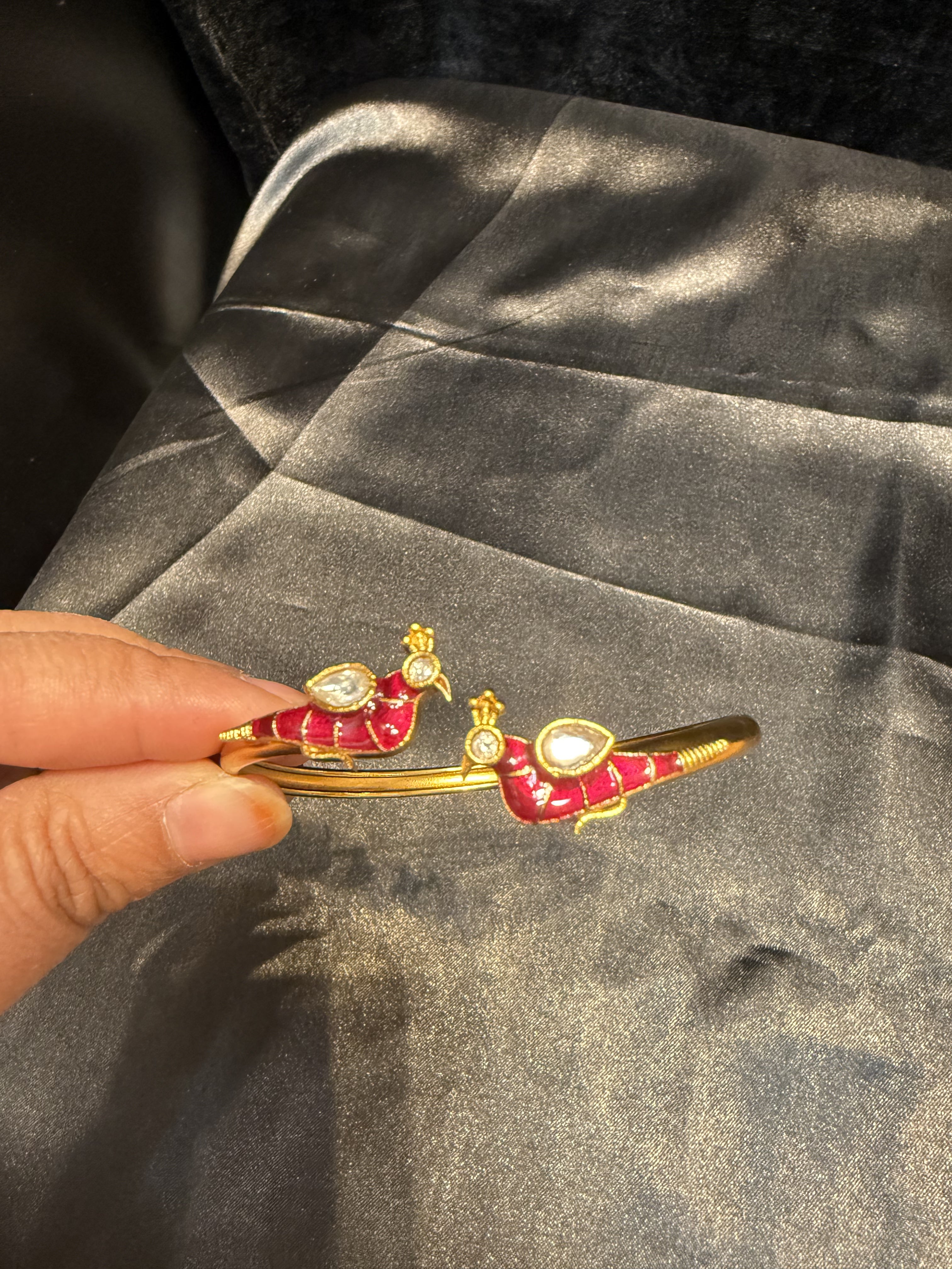 Elegant Gold Plated Peacock Design Bracelet with Hot Pink & White Stones - Perfect for Parties, Weddings & Special Occasions