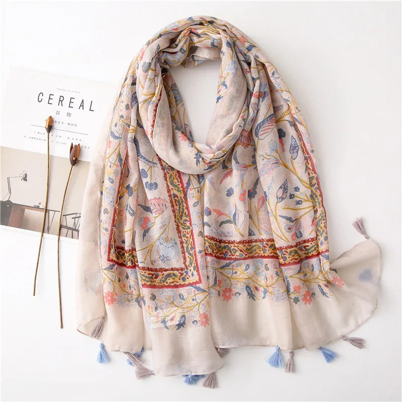 2023 Fashion Paisley Abstract Floral Tassel Viscose Shawl Scarf - Women's Lightweight Pashmina Wrap Stole & Muslim Hijab (180x90cm) - Perfect for Daily Wear, Office, Parties & Prayer