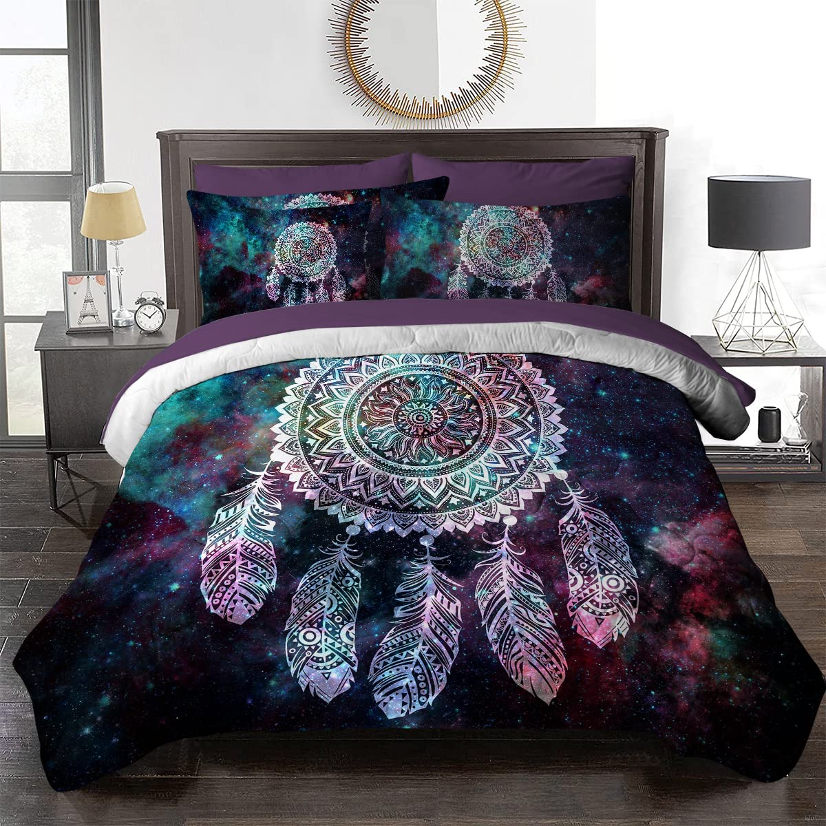 BlessLiving Galaxy Dream Catcher Comforter Set Queen Size - 8 Piece Outer Space Bedding Set with Boho Mandala Design, Purple & Pink Down Alternative Comforter & Sheets for All Seasons | Perfect for Teen Rooms, Dorm Decor & Boho Chic Bedrooms