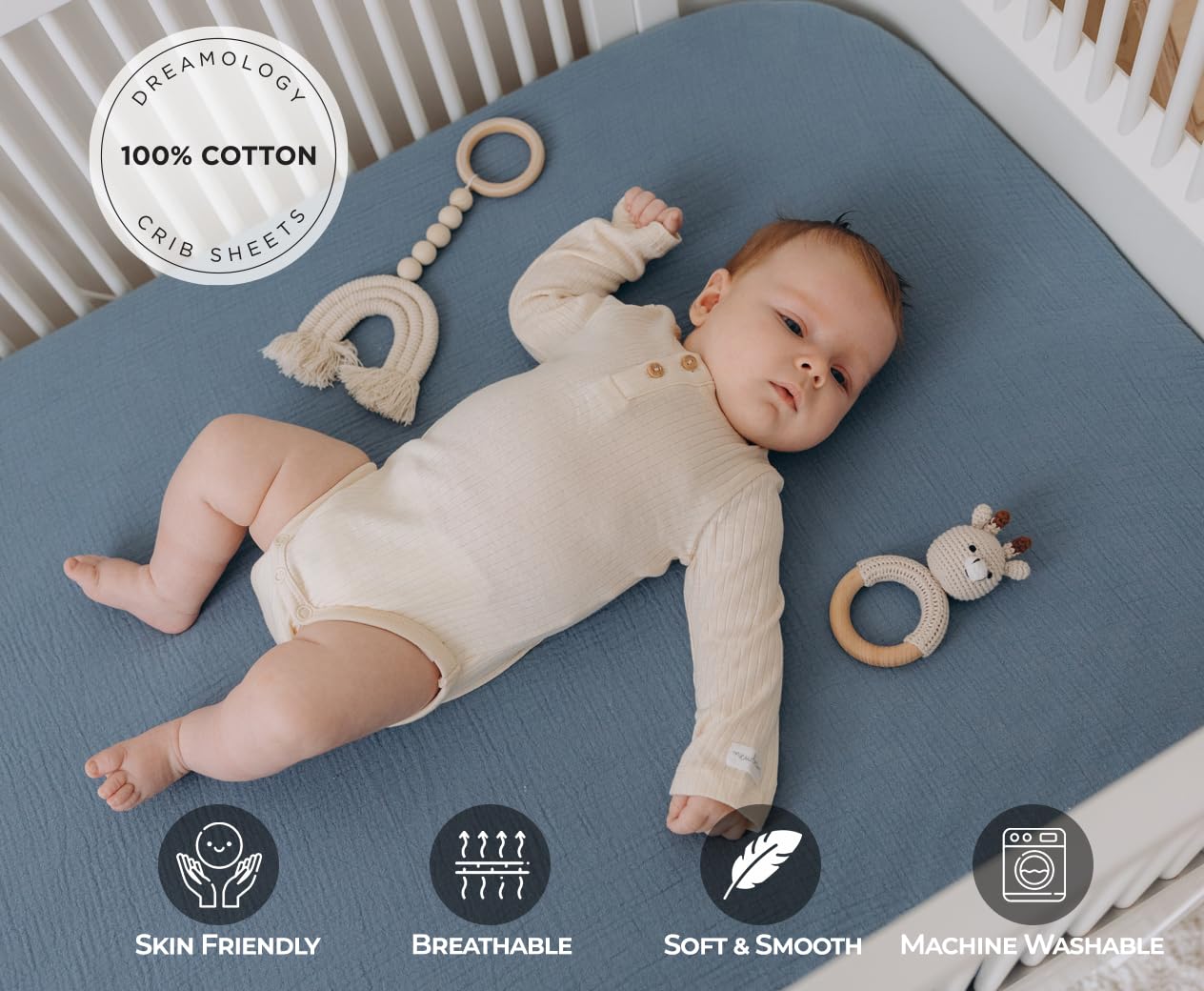 Soft 100% Cotton Muslin Crib Sheets Fitted for Standard Crib Mattress (52x28 Inches) - 2 Pack Baby Crib Sheets for Girls & Boys in Blue & Light Blue | Breathable, Comfortable Nursery Bedding for Newborns & Toddlers | Perfect for Daycare, Home Nursery & Travel Cribs