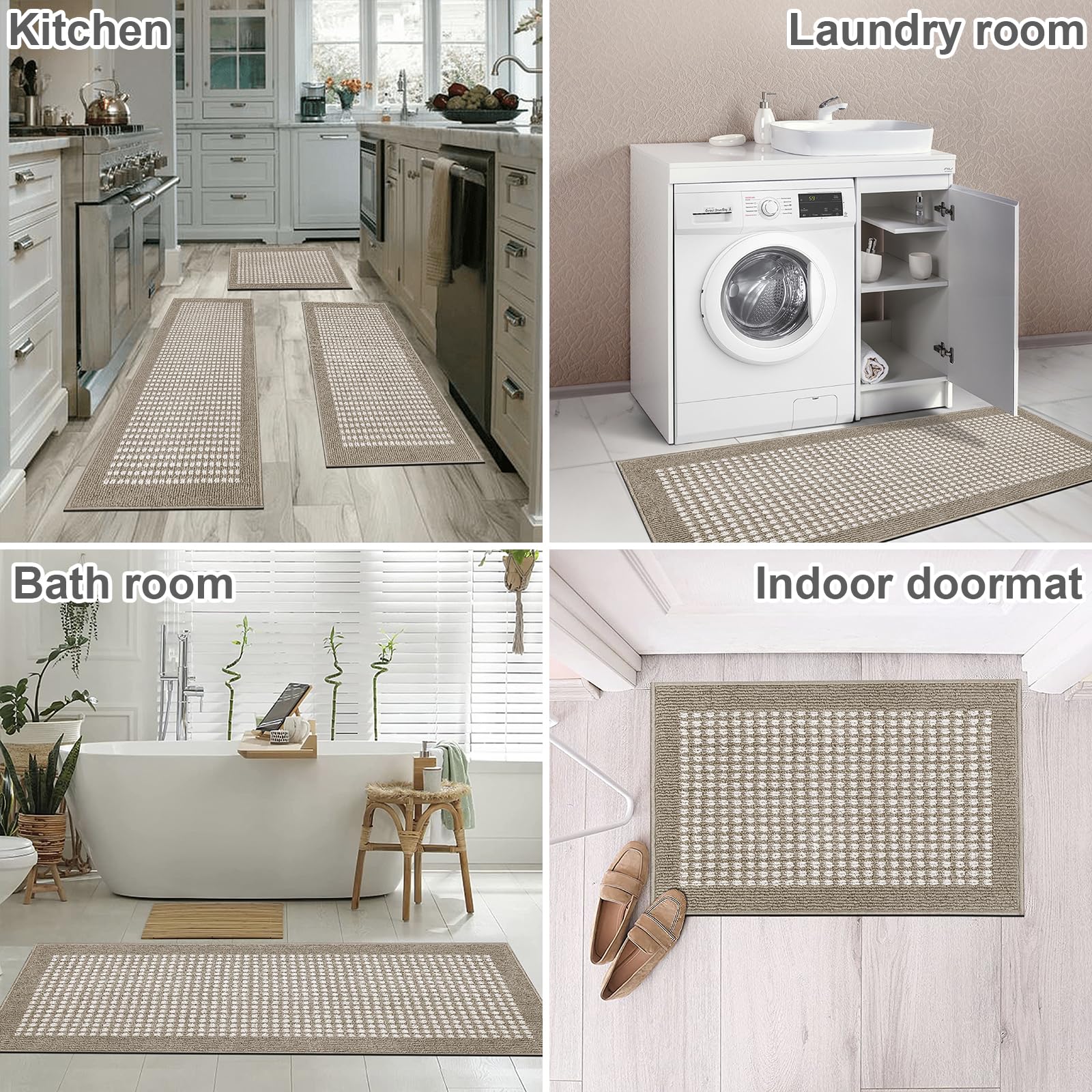 Non-Slip 3-Piece Kitchen Mat Set - 3D Lattice Farmhouse Floor Rugs with Washable Rubber Backing - Beige Kitchen Runner for Laundry, Hallway & Entryway | Durable & Stylish Home Decor