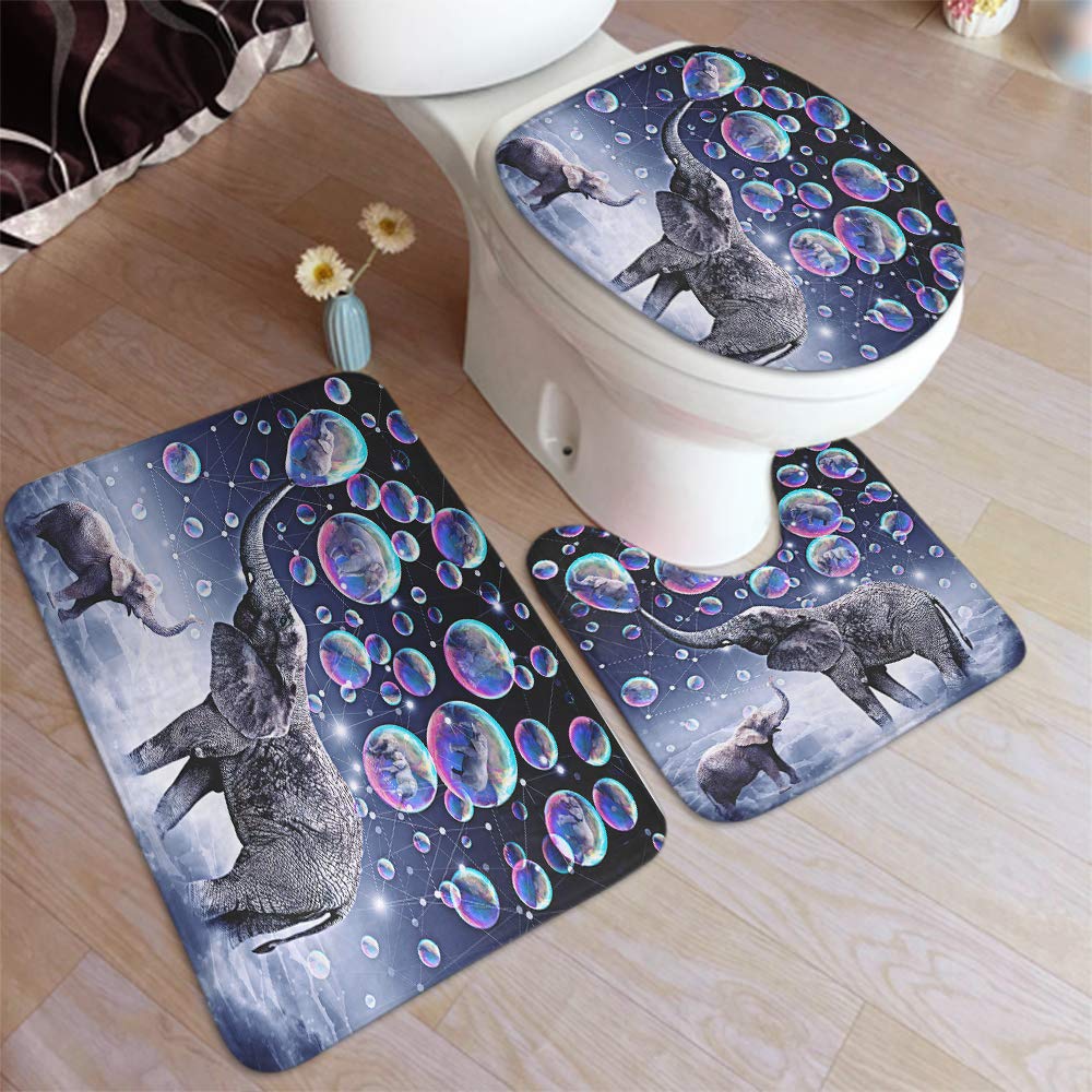 Cute Elephant Bath Rug Set - 3-Piece Dreamy Rainbow Bubbles Bath Mat with African Animal Pattern, Anti-Skid Absorbent Floor Carpet & Soft Toilet Lid Cover - Perfect for Kids' Bathroom, Nursery Decor and Gift Ideas
