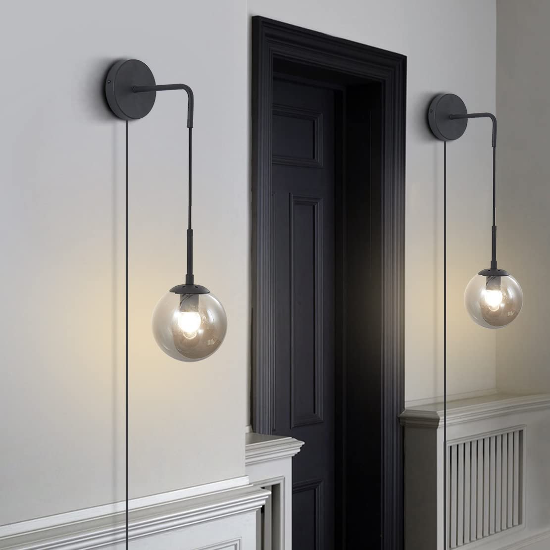 Modern Smoke Gray Glass Wall Sconce Lighting - Set of 2 Plug-in Cord Mid Century Matte Black Wall Lights for Bathroom Vanity & Bedroom - Energy Efficient Globe Fixture for Home Decor (Smoke Gray)