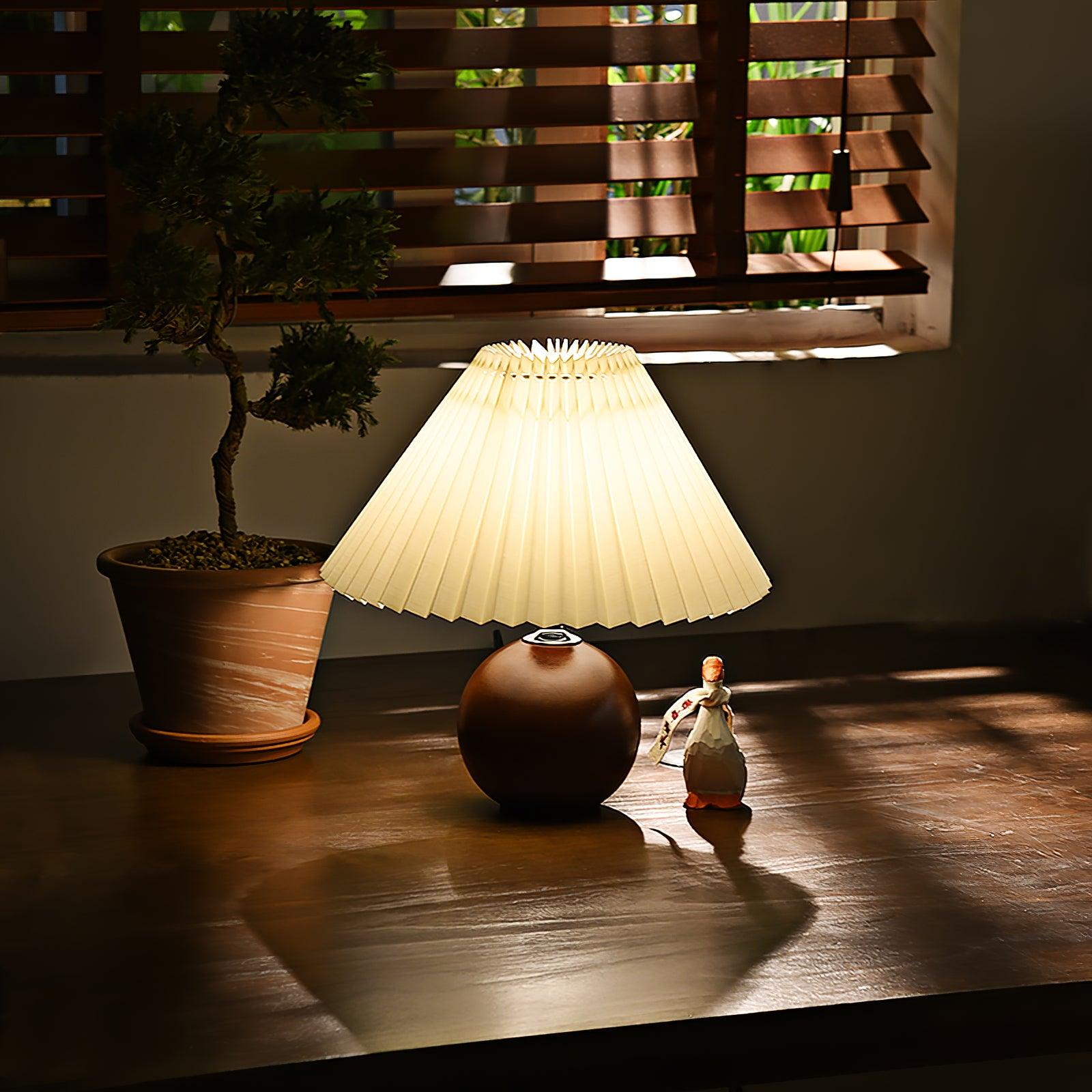 Modern Wooden Pleated Table Lamp - Handcrafted Natural Wood Nightstand Light for Bedroom, Living Room & Office - Warm Ambient Lighting for Home Decor