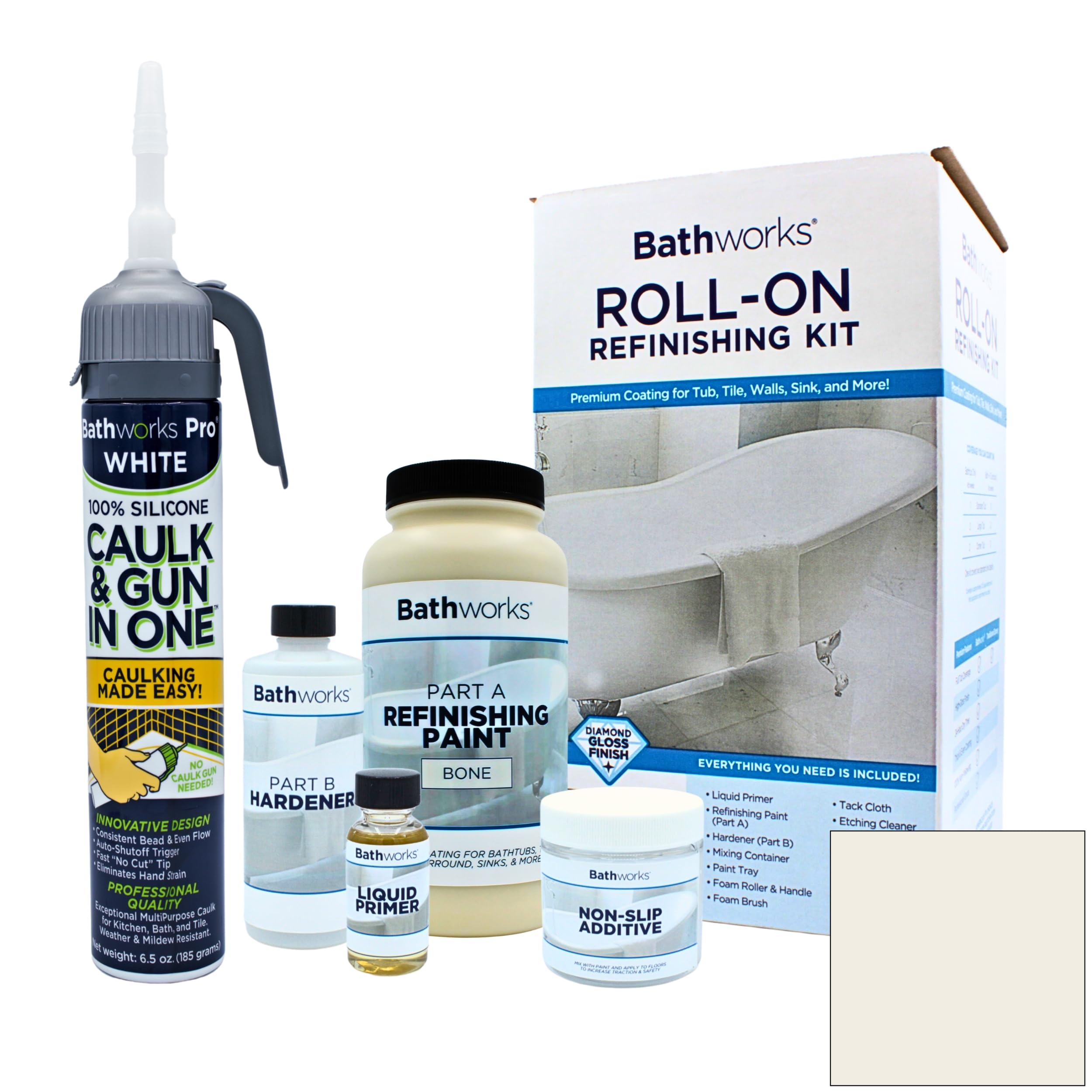Bathworks Bathtub Refinishing Kit - Premium BONE Color Kit with White Silicone Caulk & Gun Included | DIY Bathtub Repair & Reglazing for Home Renovation