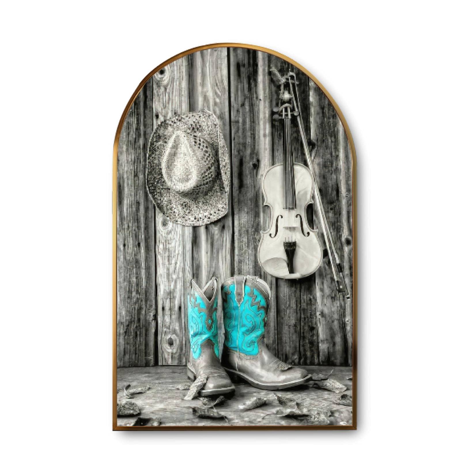 Vintage Cowboy Hat, Boots & Fiddle Canvas Wall Art - Golden Frame Modern Giclee Print Painting for Western Home Decor | Ready to Hang | Perfect for Living Room, Bedroom or Office