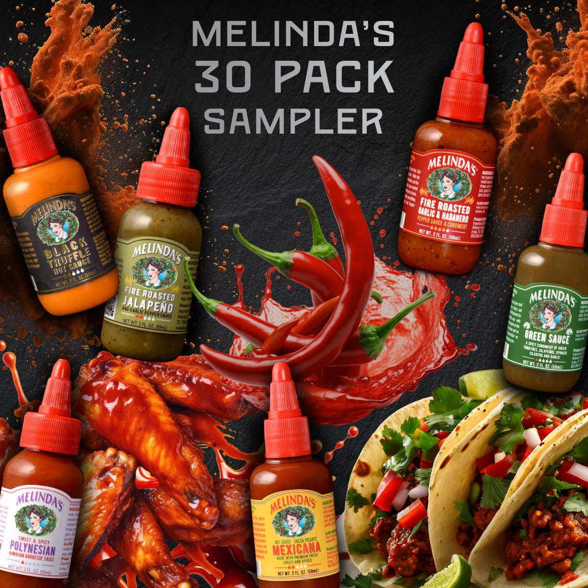 Melinda’s Mini Hot Sauce Variety Pack - 30 Pack (2 Oz Each) - Gourmet Hot Sauce Gift Set with Travel-Sized Bottles - 15 Flavor Options - Perfect for Gifts, Parties, Camping & Spicy Food Lovers