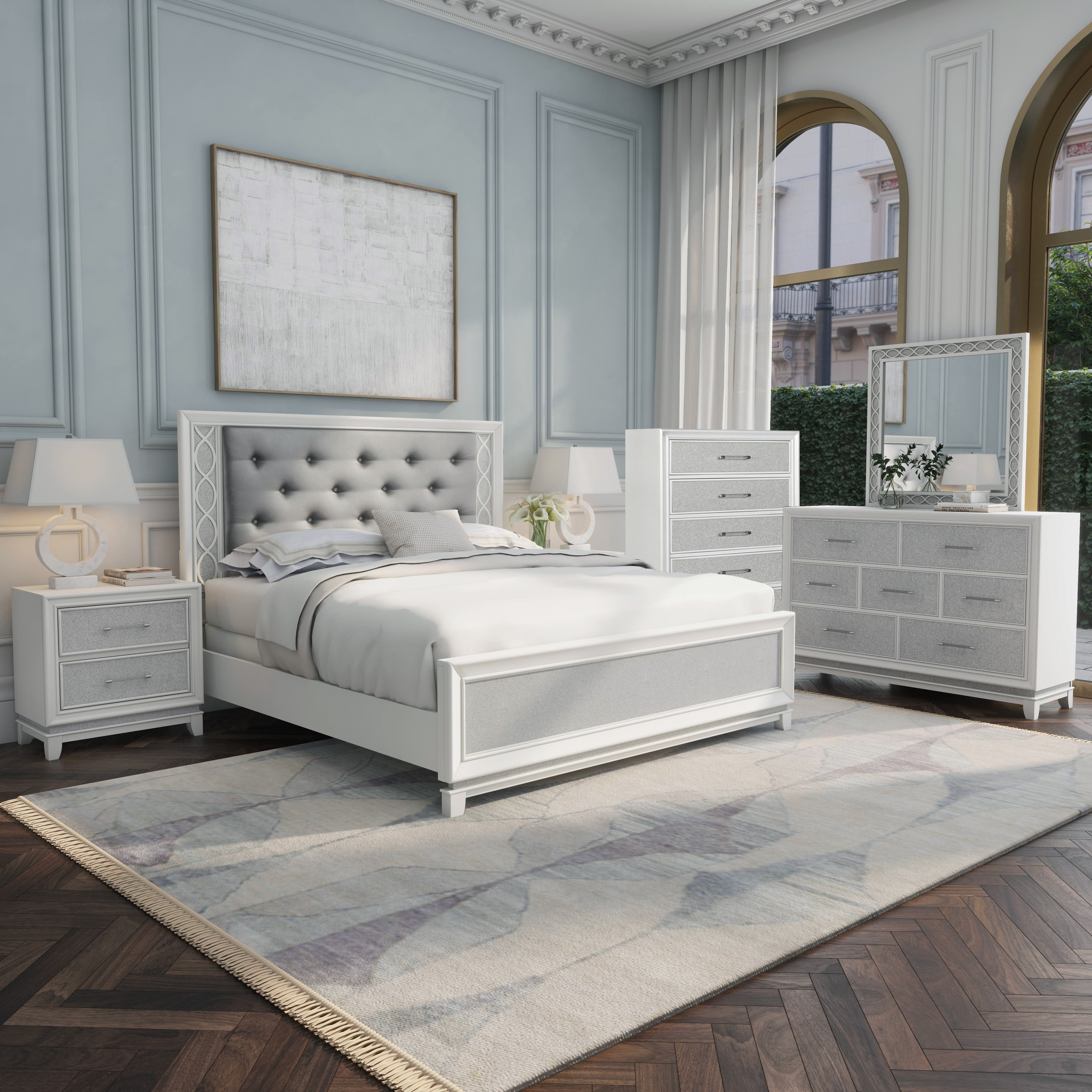 Roundhill Furniture Galaxy Bedroom Set with LED Lights - Pearlized White Finish, Modern Bed Frame with Nightstand & Dresser - Perfect for Contemporary Bedrooms & Teen Rooms