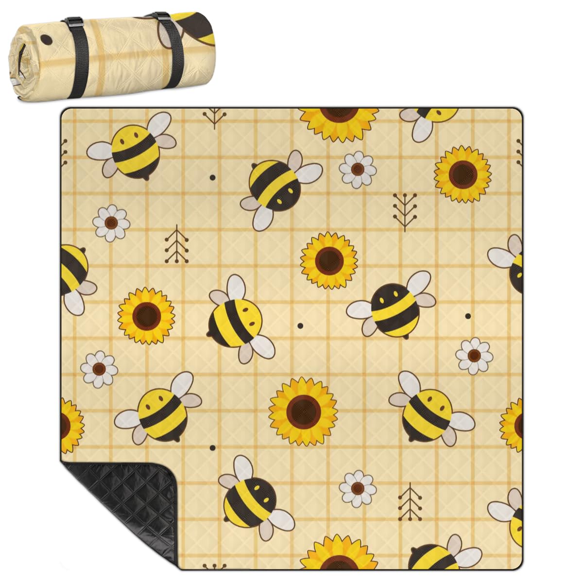 Bee Sunflower Waterproof Picnic Blanket - 79x79 Inch Extra Large Outdoor Mat with Carry Strap, Portable & Foldable for Beach, Camping, Travel | Washable & Durable for Picnics, Parks, Concerts, and Outdoor Adventures