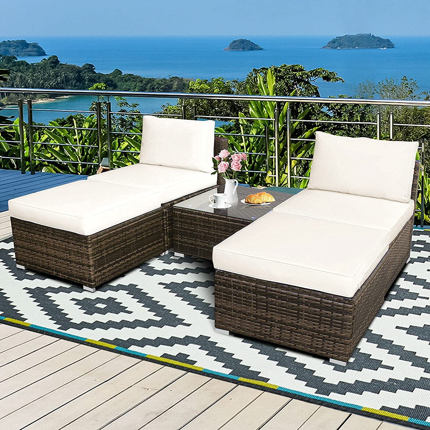 5-Piece Outdoor Chaise Lounge Set with Ottoman & Coffee Table - Rattan Wicker Daybed Conversation Sofa with Cushions for Garden, Balcony, Poolside & Backyard - Perfect for Relaxing, Sunbathing and Outdoor Entertaining