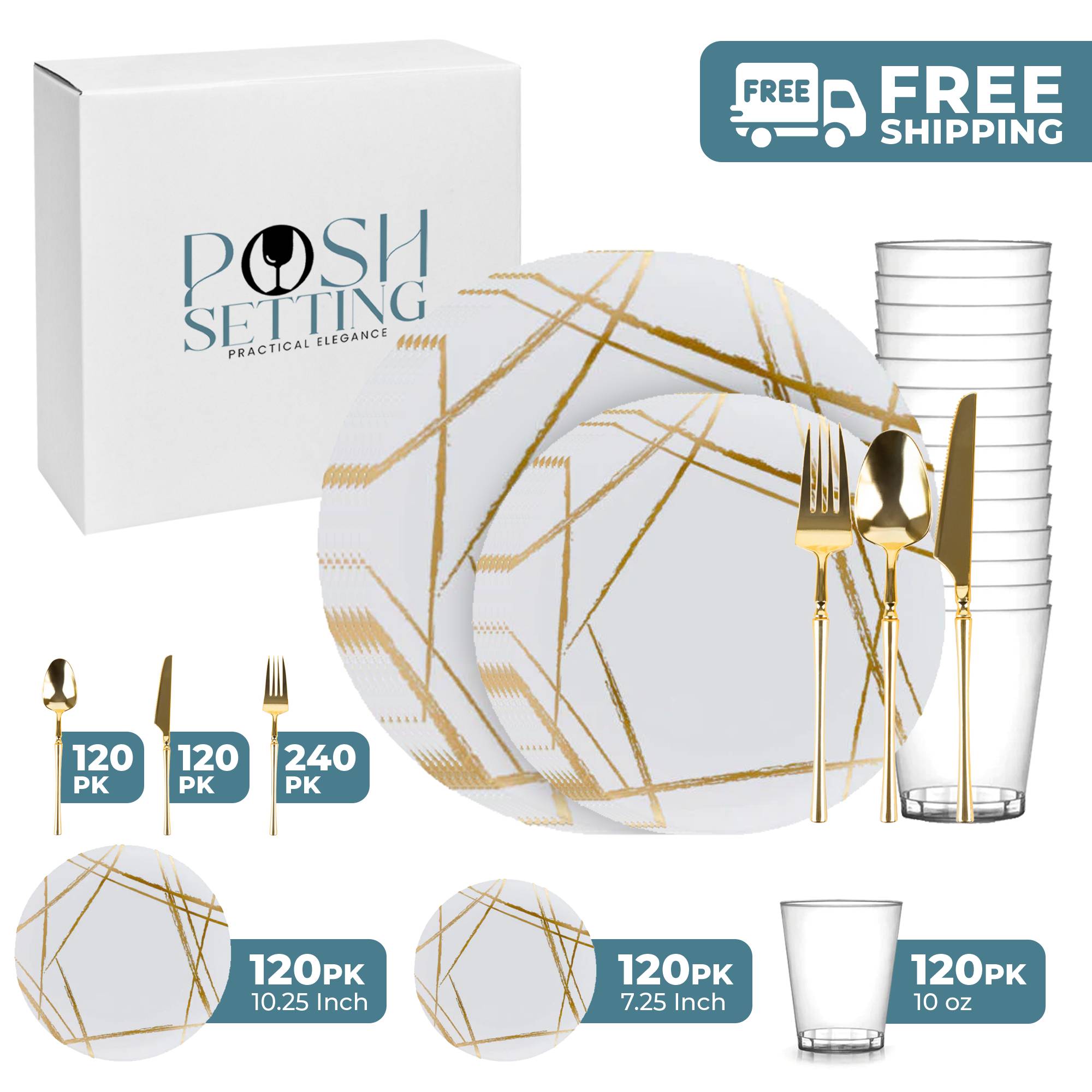 White and Gold Plastic Party Bundle with Brush - Elegant Disposable Tableware Set for Weddings, Birthdays & Celebrations - Perfect for Events, Gatherings & Festive Occasions