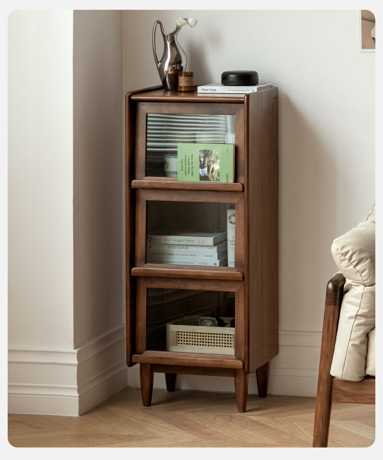Solid Black Walnut & Oak Wood Glass Flip Door Display Cabinet with LED Lights - Perfect for Living Room, Bedroom & Office Storage & Display