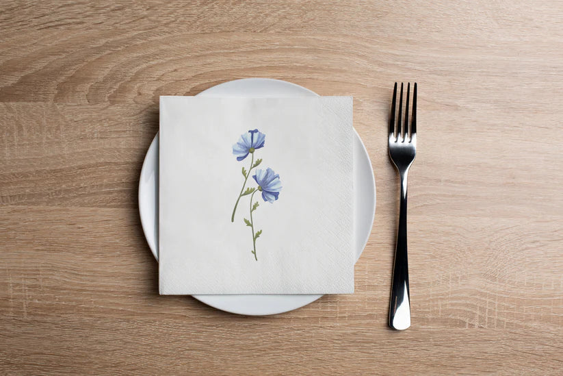 Disposable Paper Cocktail Napkins 16 Pack - Blue Daffodil Design, Premium Absorbent Drink Coasters for Parties, Weddings & Bars | Perfect for Beverage Spills & Elegant Table Settings
