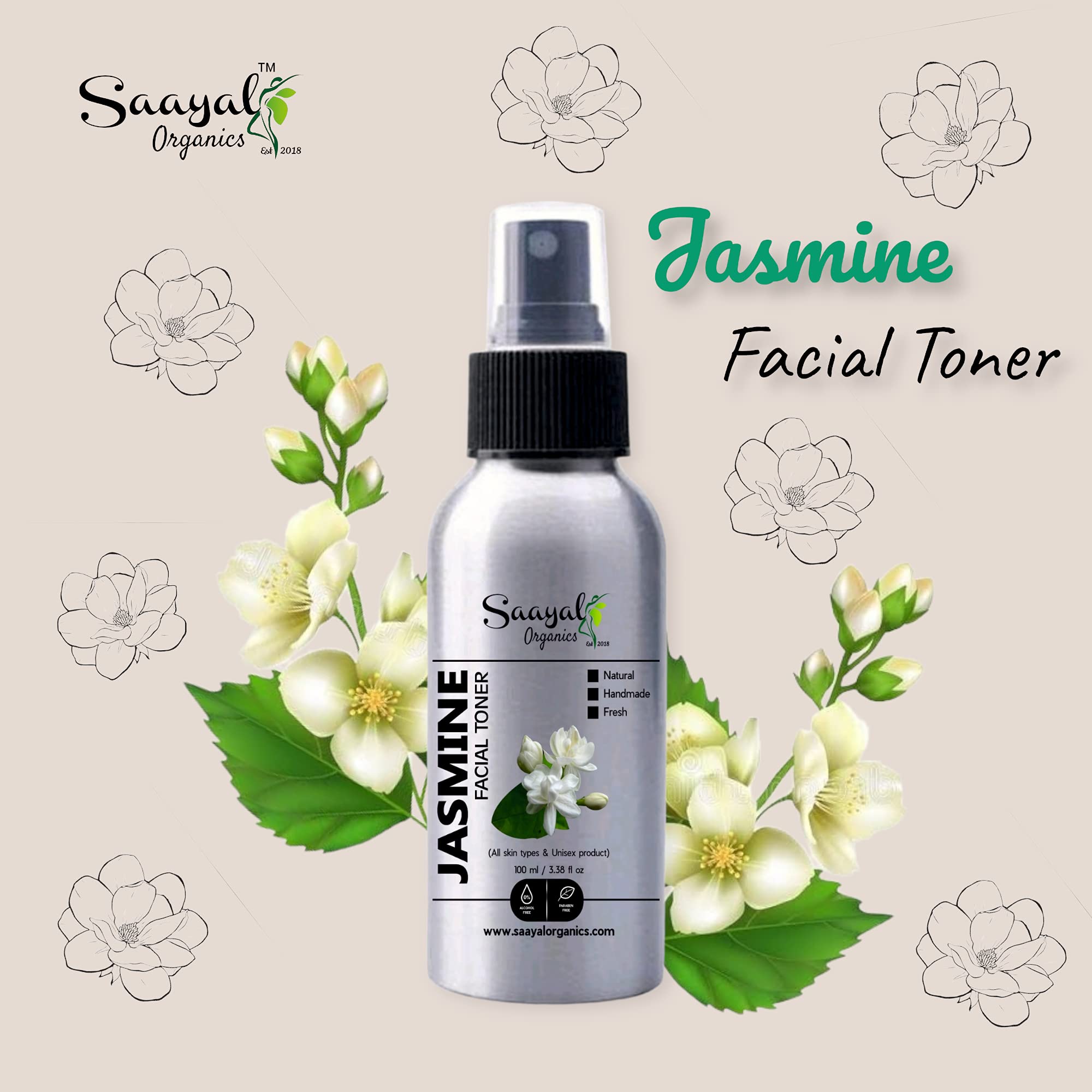 Saayal Organics Pure Steam Distilled Jasmine Facial Toner 100ml - Alcohol-Free Hydrating Toner for All Skin Types, Men & Women - Perfect for Daily Skincare Routine & Post-Shave Soothing