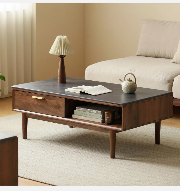 Solid Black Walnut Wood Storage Coffee Table with Rock Plate - Rustic Living Room Furniture for Home Decor & Organization