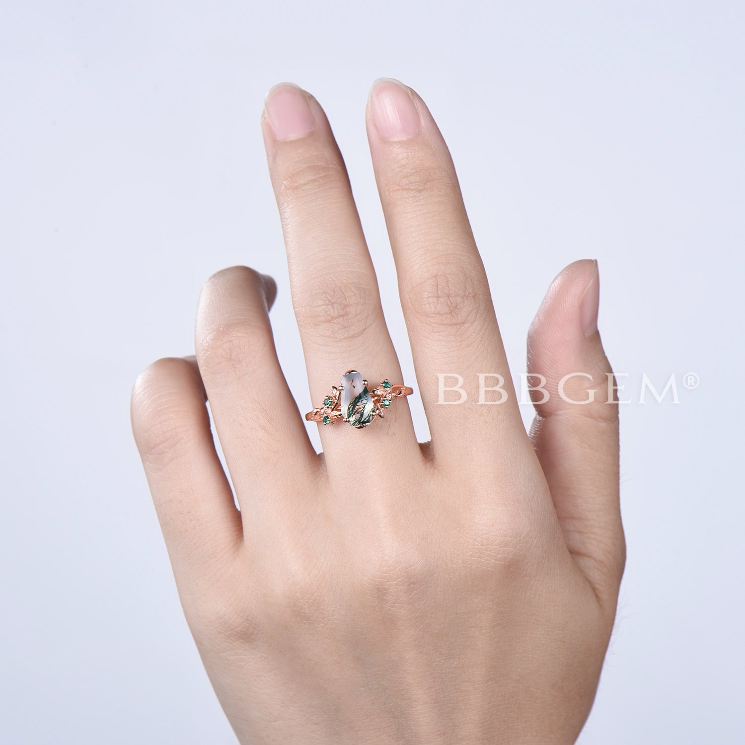 Twig Leaf Coffin Cut Moss Agate Engagement Ring - Nature Inspired Branch Wedding Band for Women, Perfect for Outdoor & Boho Chic Weddings
