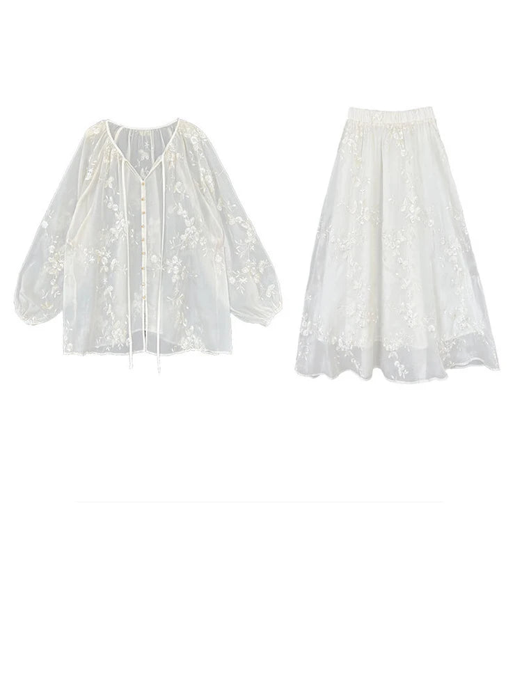 Apricot Embroidered Blouse & Thin Skirt 2-Piece Set - V-Neck Long Sleeve Women's Fashion Outfit for Spring Summer 2025 | Trendy Office Wear & Casual Date Night Outfits