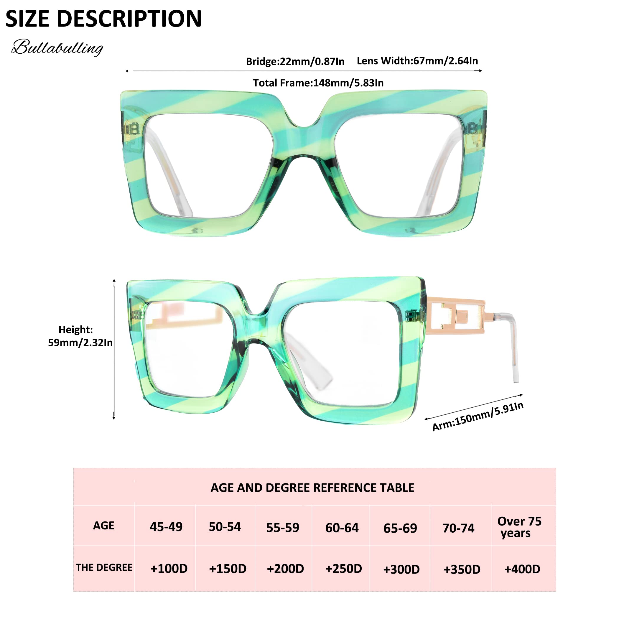 Bullabulling Blue Light Blocking Reading Glasses - Oversized Square Frames for Women - Anti-Eye Strain Computer Glasses for Office Work & Screen Time