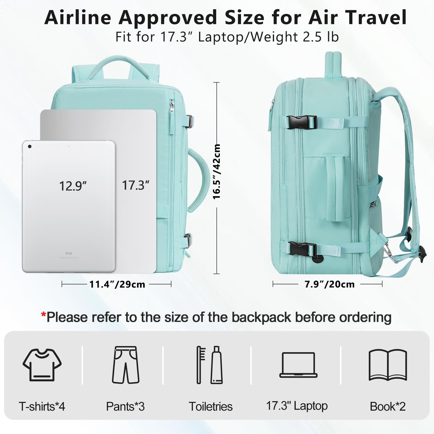Snoffic Waterproof Travel Backpack for Men & Women - 17.3 Inch Laptop Backpack, Carry-On Personal Item Size, Lightweight Daypack for College, Business, Hiking & Casual Use - Blue & Green