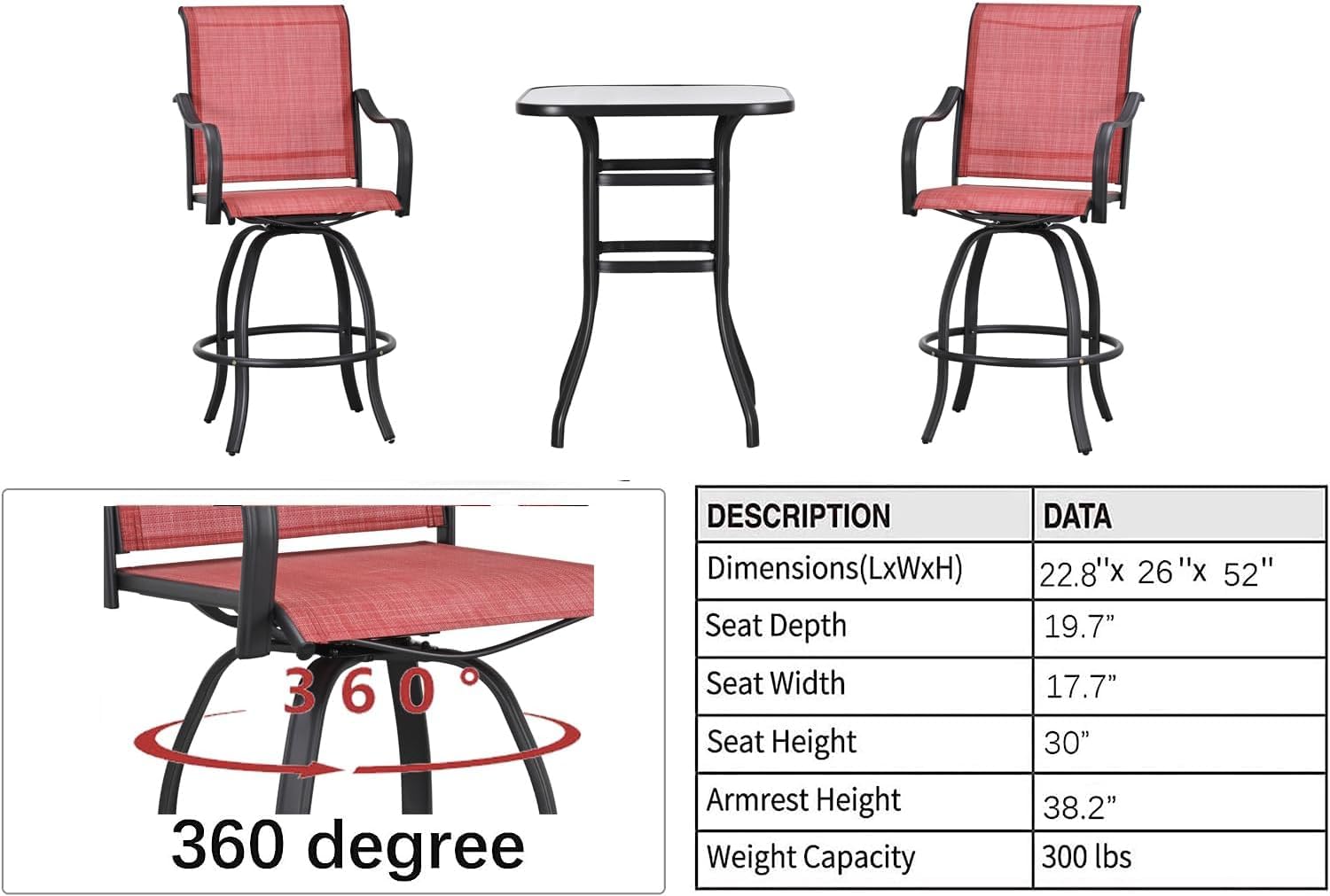 9-Piece Outdoor Patio Swivel Bar Stool Set with 3 Glass Top Tables - All-Weather Bistro Height Dining Chairs for Backyard, Poolside & Restaurant Use (Red) - PatioFestival Durable Patio Furniture